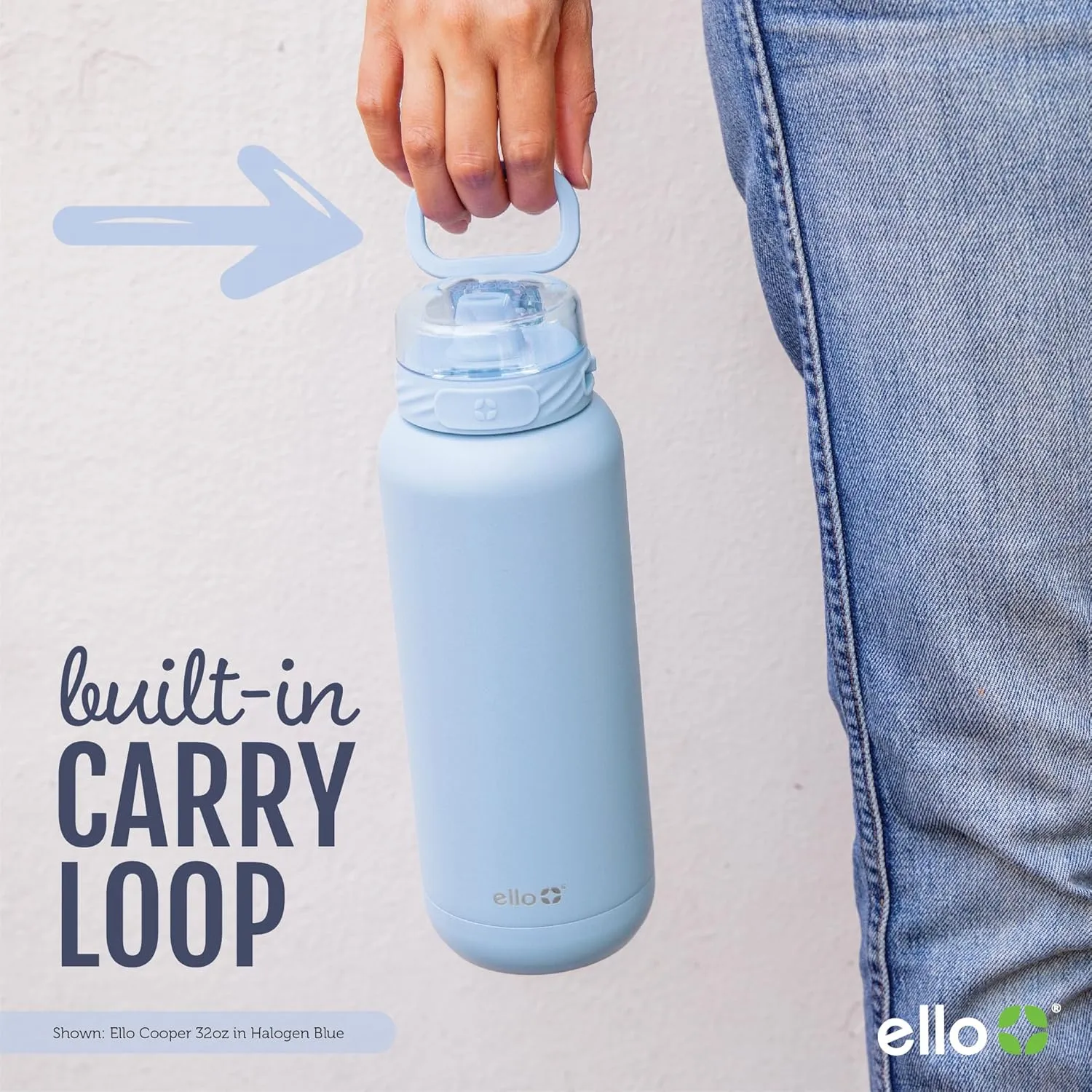 Ello Cooper 40oz Stainless Steel Water Bottle with Straw and Carry Handle, Double Walled and Vacuum Insulated Metal, Leak Proof Locking Lid with Soft Silicone Spout, Reusable, BPA Free, Black