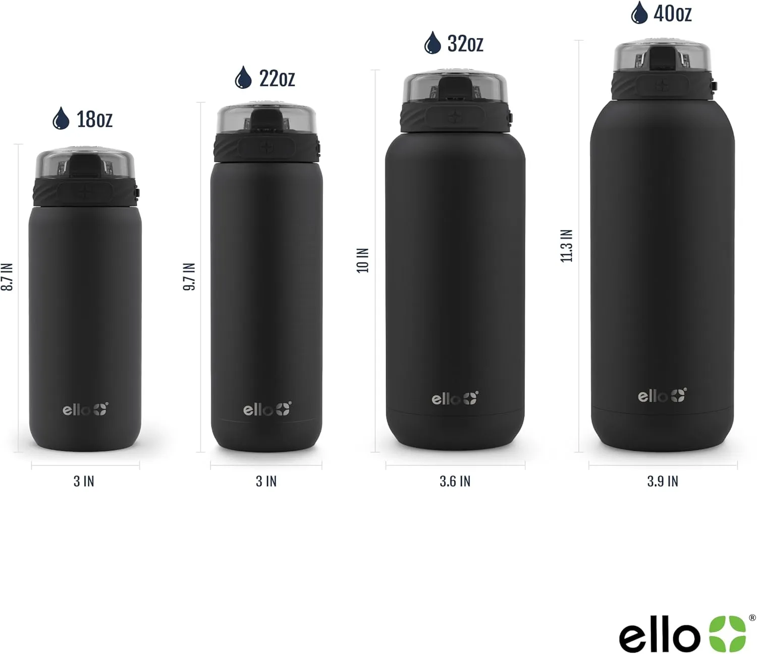 Ello Cooper 40oz Stainless Steel Water Bottle with Straw and Carry Handle, Double Walled and Vacuum Insulated Metal, Leak Proof Locking Lid with Soft Silicone Spout, Reusable, BPA Free, Black