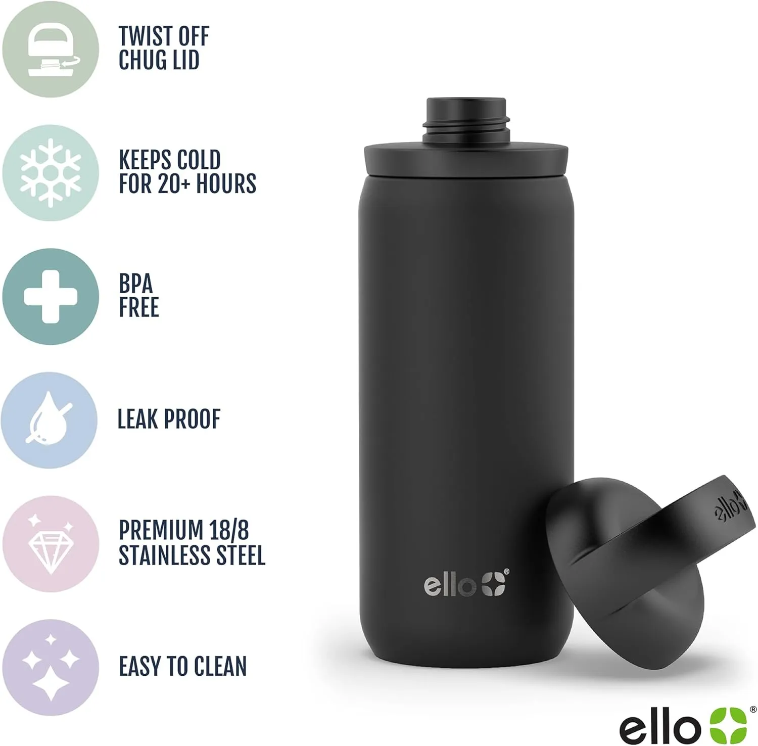 Ello Cooper Twist 18oz Kids Stainless Steel Water Bottle with Chug Lid | Leak Proof Double Walled and Vacuum Insulated | Fits Car Cupholder | Built in Carry Loop | Dishwasher Safe | Gray