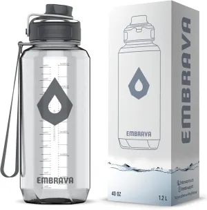 Embrava 40oz Water Bottle - Large with Travel Carry Ring - Wide Leak Proof Drink Spout - Heavy-Duty, BPA & BPS Free Tritan Plastic - Best for Sports, Hiking, Gym, Men & Women