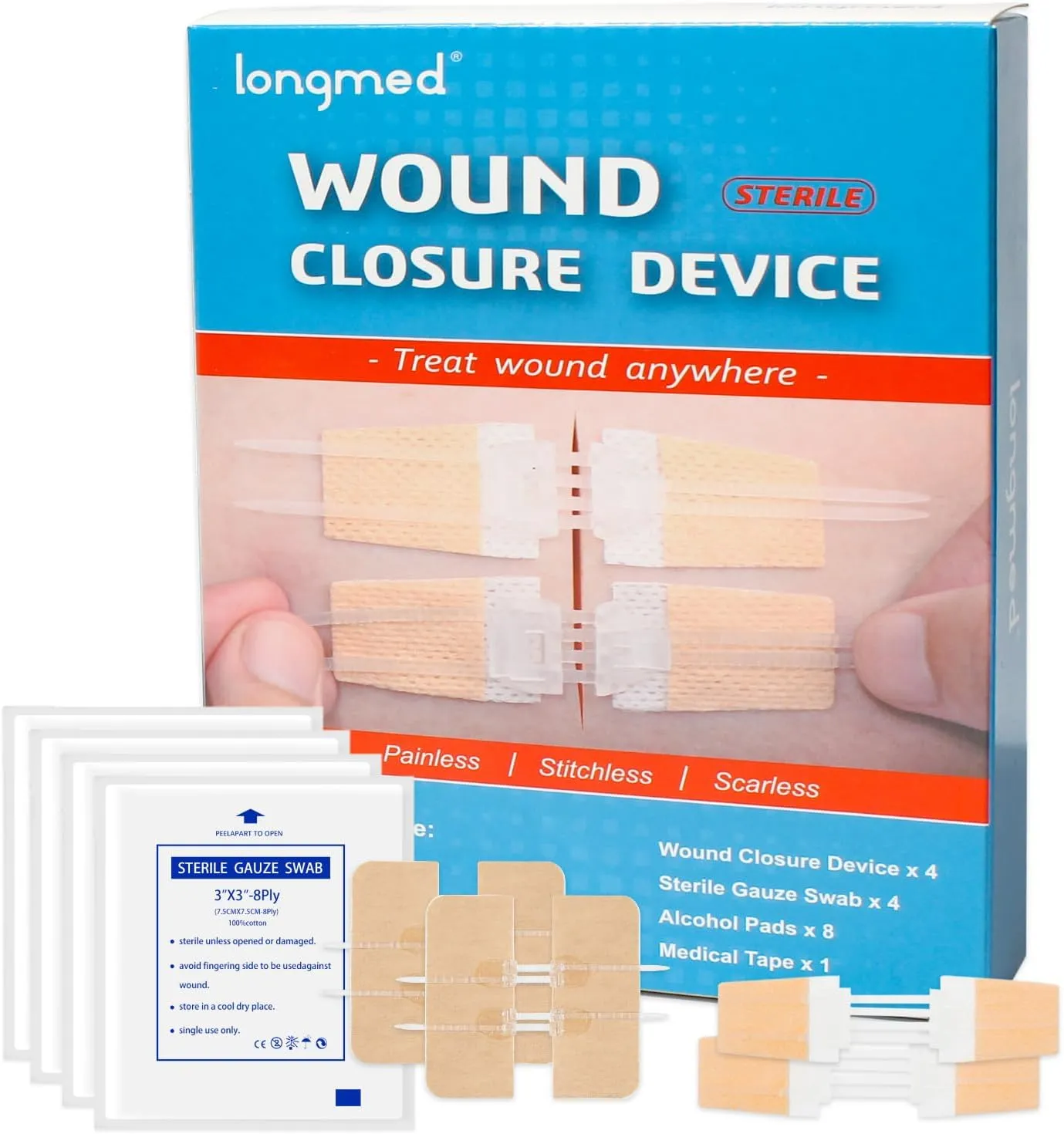 Emergency Laceration Closures Kits - 4 Pcs Repair Wounds Without Stitches Skin Wound Closure Device for First Aid Kit Supplies Zip Sutures for Quick Wound Closures Adhesive Bandages Kit