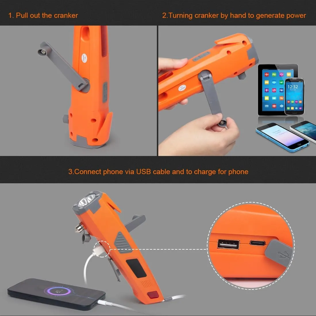 Emergency Tool LUXON 8-in-1 Car Safety Tool:Window Breaker,Seat Belt Cutter,LED Flashlight Rescue Tool USB Charger,SOS Light,Hand Cranking Charge,Magnetic,Siren Alarm for Vehicle Escape/Field Survival