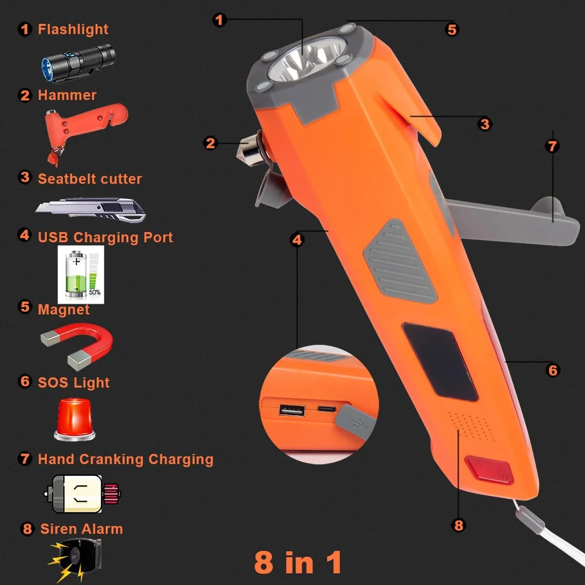 Emergency Tool LUXON 8-in-1 Car Safety Tool:Window Breaker,Seat Belt Cutter,LED Flashlight Rescue Tool USB Charger,SOS Light,Hand Cranking Charge,Magnetic,Siren Alarm for Vehicle Escape/Field Survival