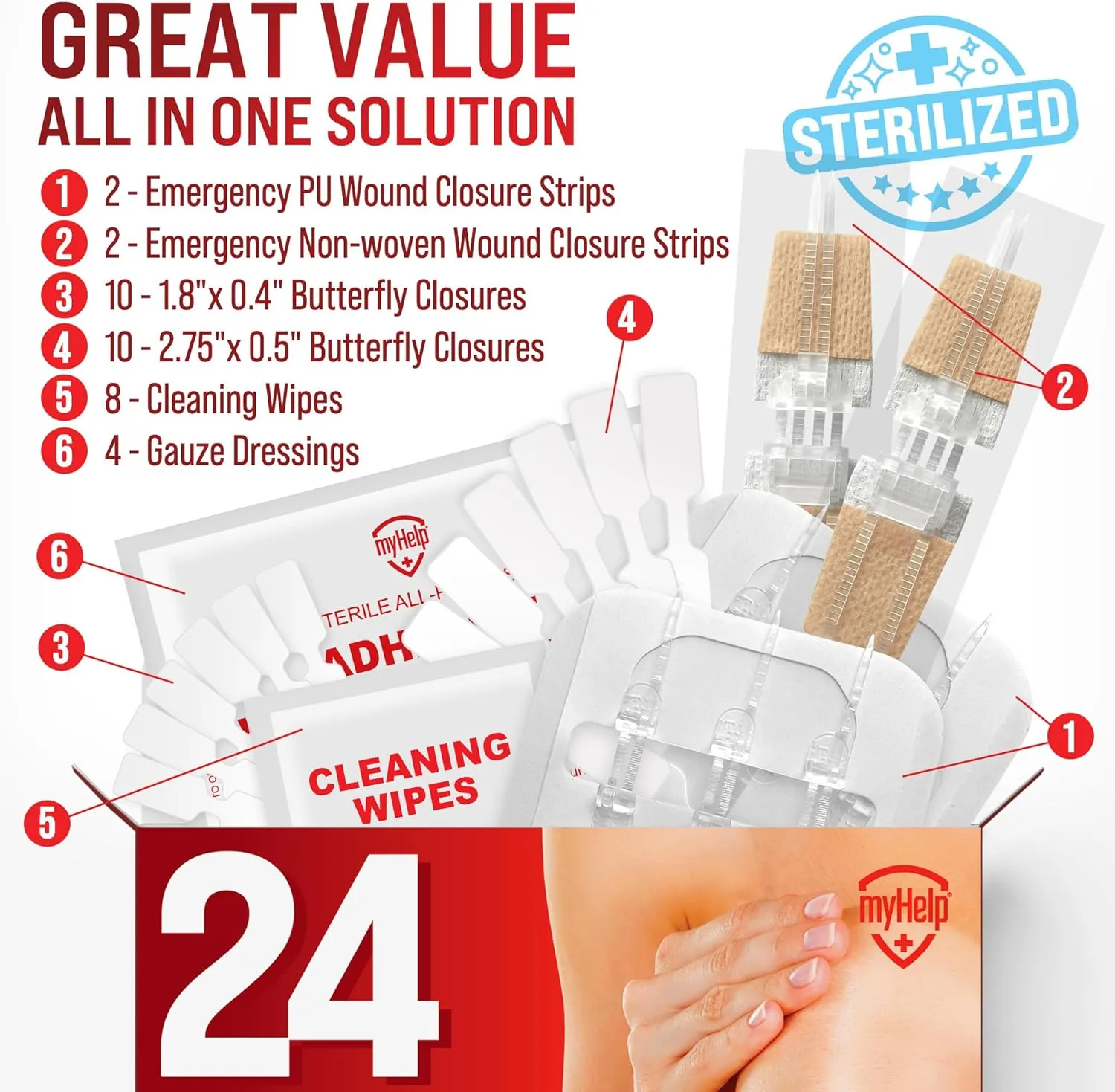 Emergency Wound Closure Strips - 24pk - 3 Types Easy to Use Butterfly Bandages - Stitchless & Painless Laceration Closure Kit