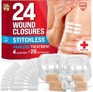 Emergency Wound Closure Strips - 24pk - 3 Types Easy to Use Butterfly Bandages - Stitchless & Painless Laceration Closure Kit