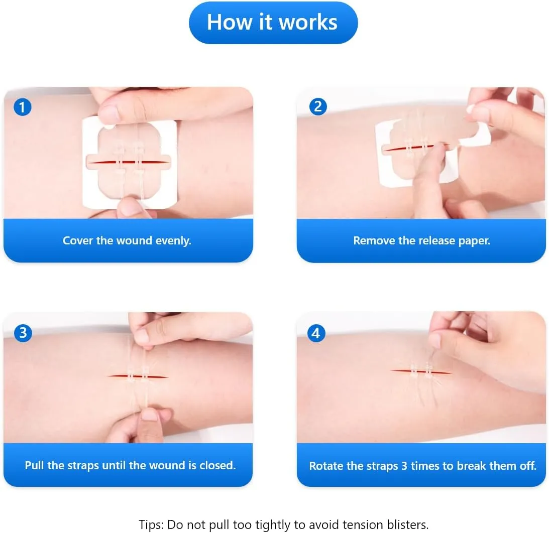 Emergency Wound Closures 4 Pcs Zipper Bandages Painless Zip Sutures Laceration Repair Without Stitches Adhesive Bandages for Wound Care & First Aid