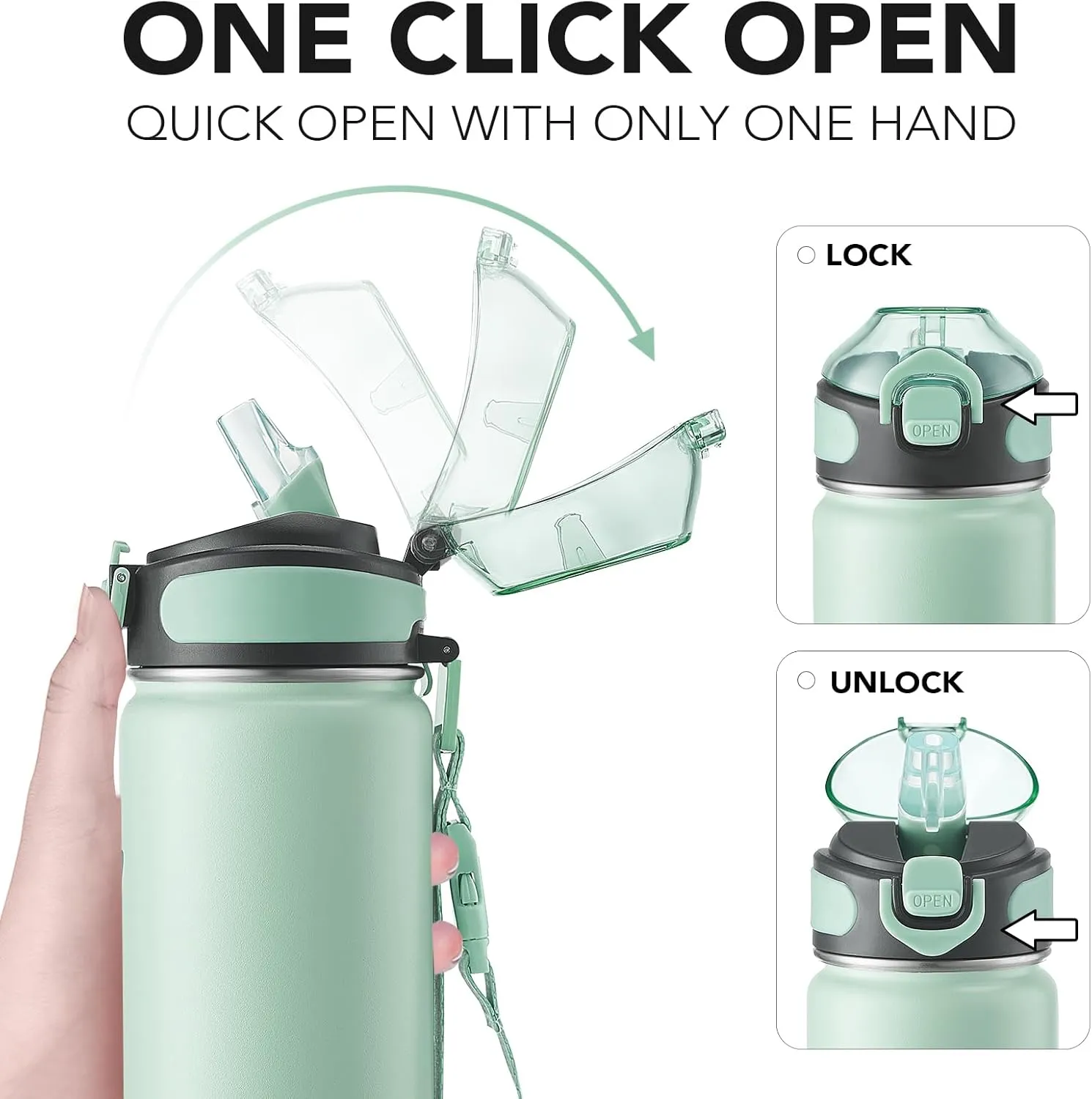 Enerbone Insulated Water Bottle, 24 oz Stainless Steel Water Bottles with Carrying Strap, Double-Wall Vacuum Insulation Thermos, Leakproof Sports Bottle with Straw, Keep Drinks Hot or Cold for Hours