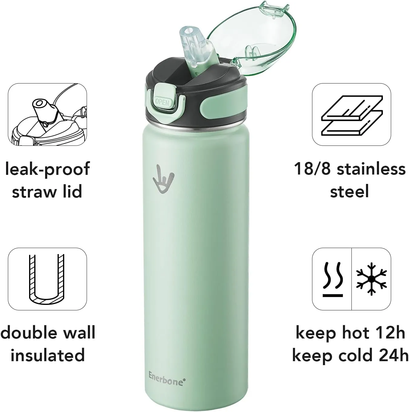 Enerbone Insulated Water Bottle, 24 oz Stainless Steel Water Bottles with Carrying Strap, Double-Wall Vacuum Insulation Thermos, Leakproof Sports Bottle with Straw, Keep Drinks Hot or Cold for Hours