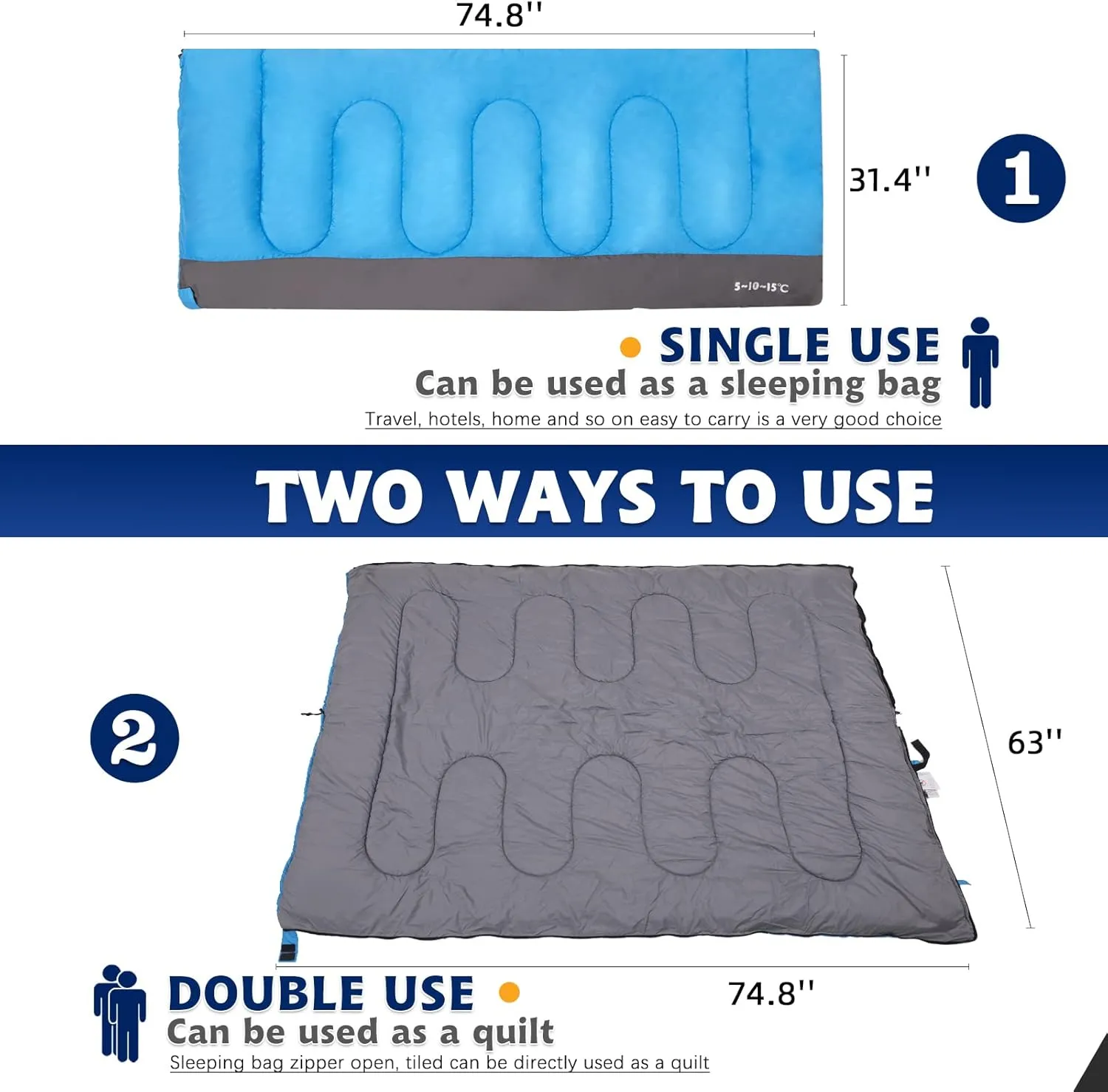 Envelope Sleeping Bag, Three Seasons Constant Temperature Sleeping Bag, Suitable for All Ages, Indoor Hotel Accommodation or Outdoor Travel…