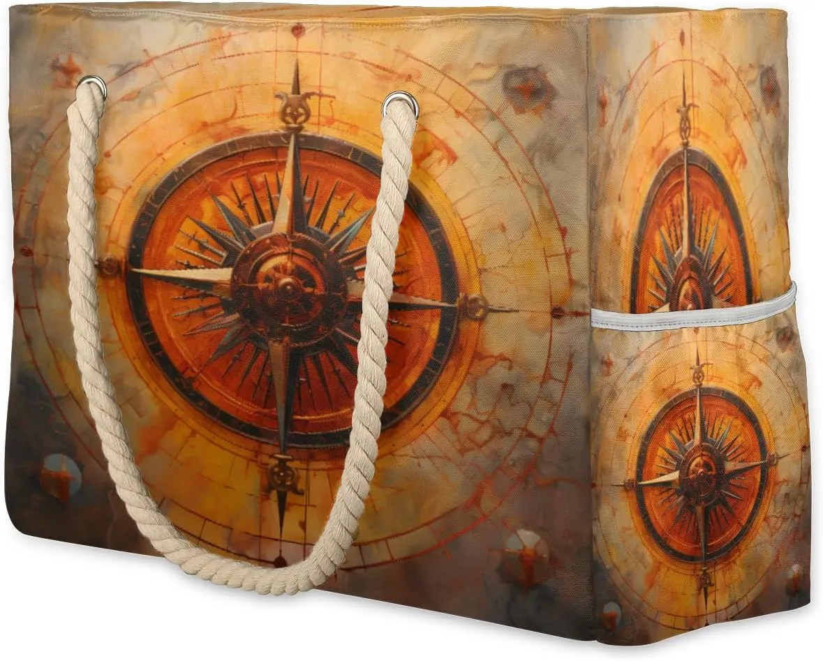 Eternal Compass Warm Colors Beach Bags for Women Large Tote Bag with Zipper and Pockets Waterproof Sandproof Accessories Swim Pool Bag Vacation Essentials Gym Travel Carry On Daily Handbag