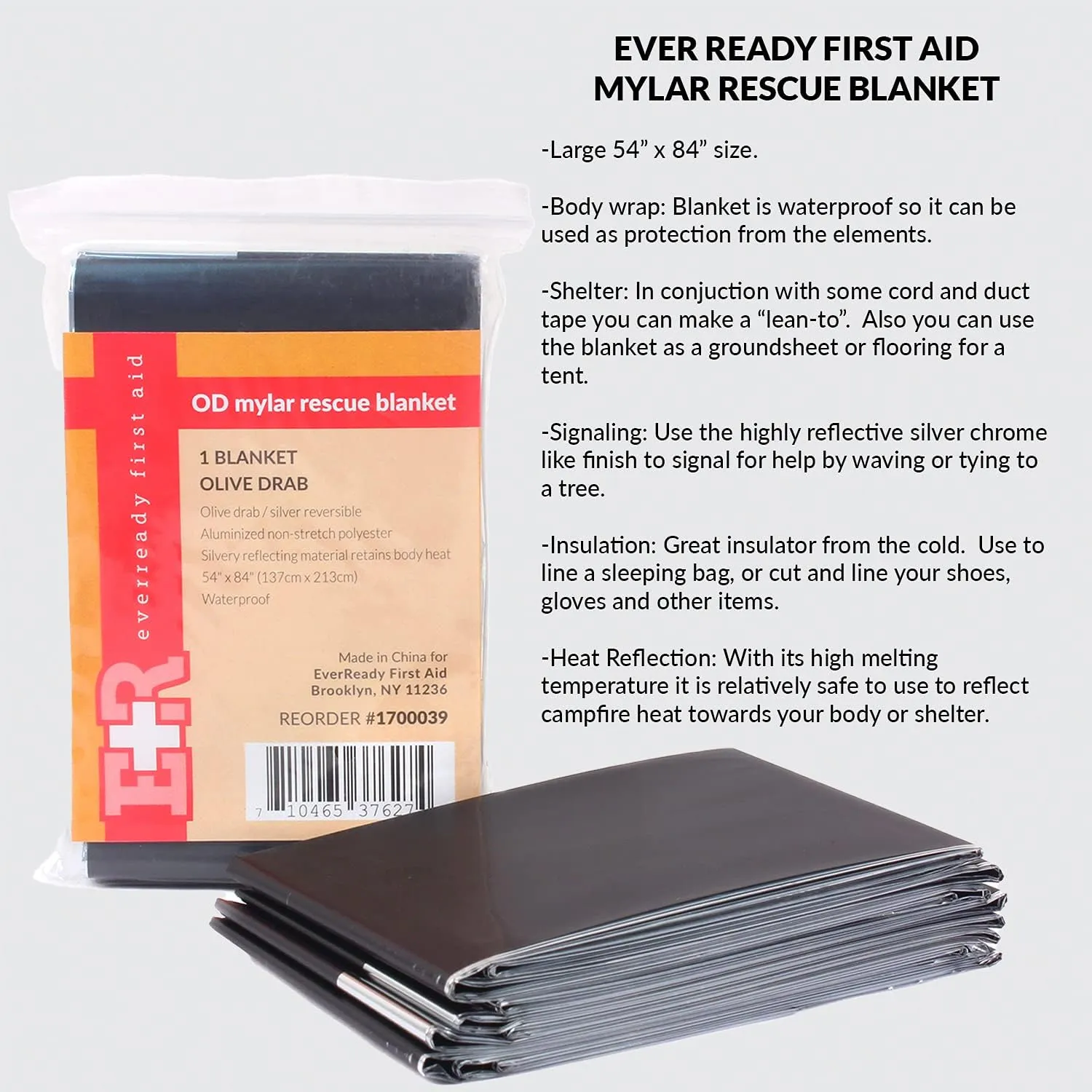 Ever Ready First Aid Mylar Rescue Blanket, Large Olive Thermal Sheet for Emergency and Survival, 54” x 84” – 10 Count