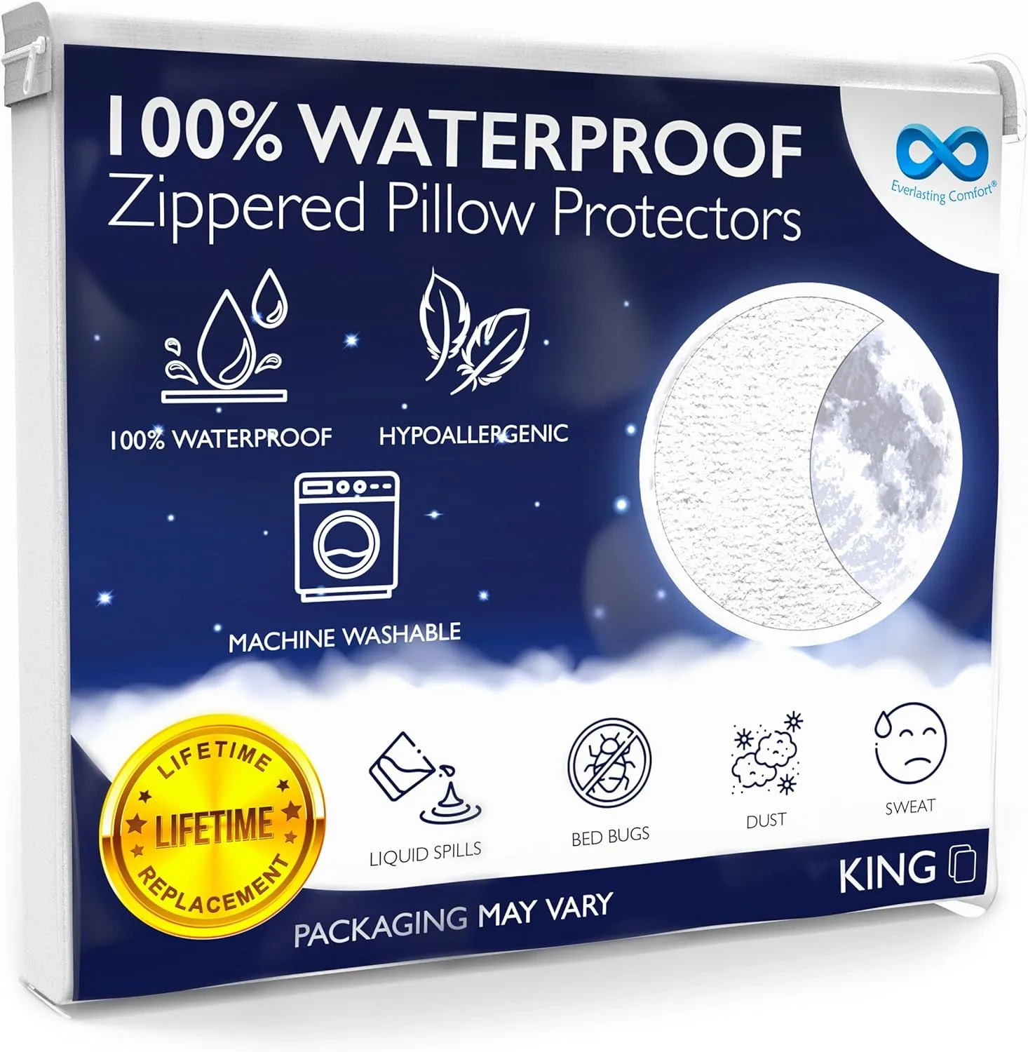 Everlasting Comfort Waterproof Pillow Protector King (Pack of 2) - Zippered, Hypoallergenic, Dust Mite & Bed Bug Proof, Allergy Pillow Covers