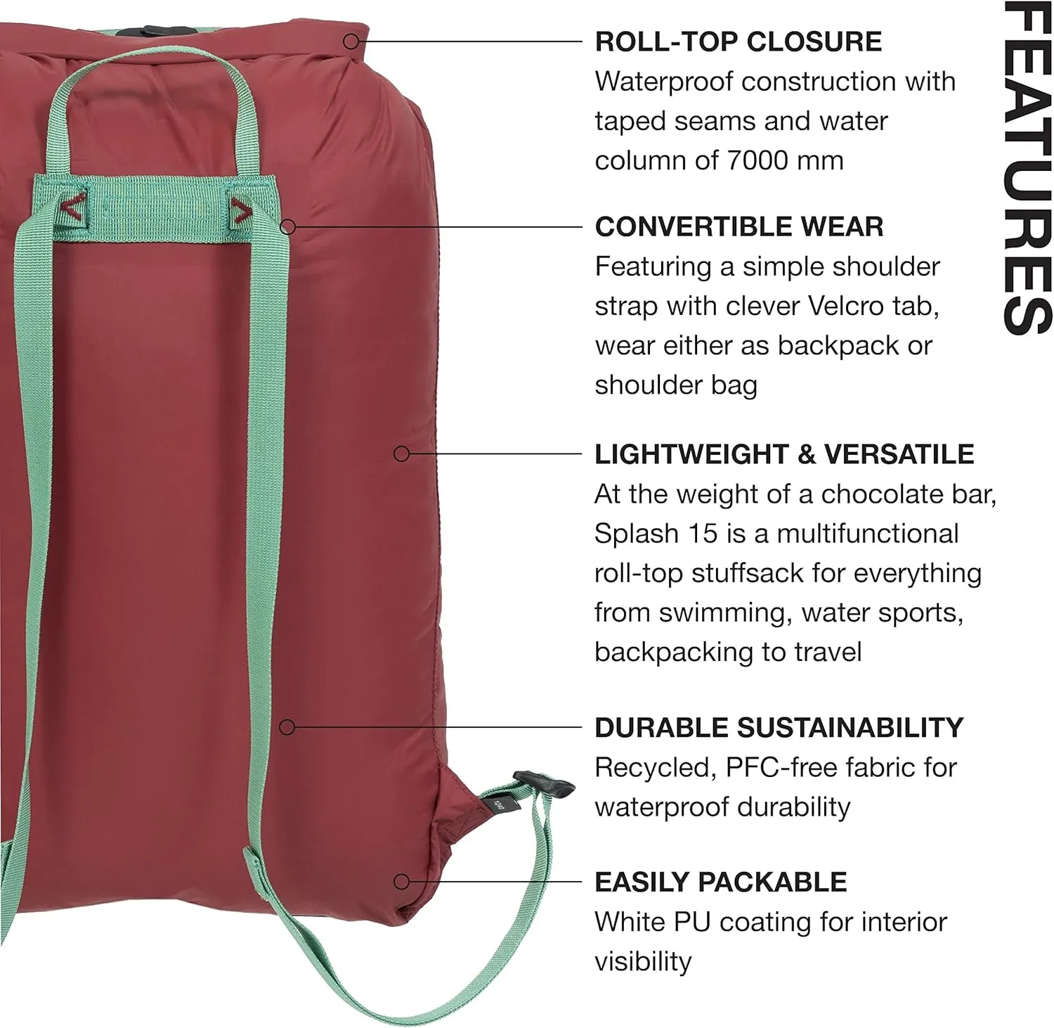 Exped Splash 15 Backpack | Extremely Versatile Pack | Light & Compact Rolltop Stuff Sack | Multi-Use Waterproof Daypack, Burgundy, 15L