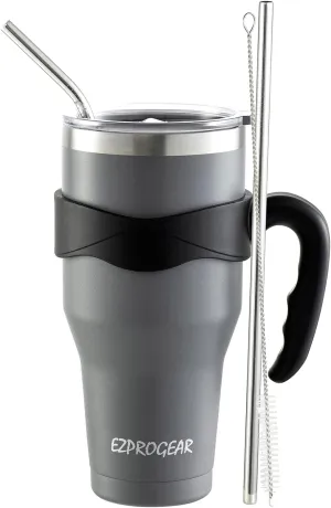 Ezprogear 40 oz Stainless Steel Double Wall Coffee Cup Insulated Tumbler with Straw and Handle (Navy Gray)