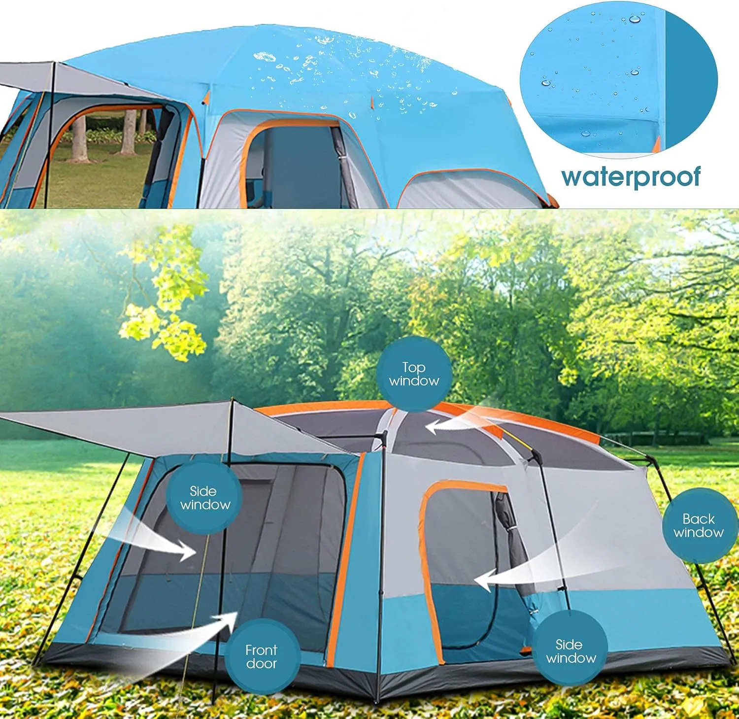 Family Tent Doble Layer Dome Tent Waterproof Camping Tent with 2 Extra Dark Sleeping Cabins for Outdoor Hiking Camping Climing (Orange 430 * 305 * 210cm(8) (Orange 430 * 305 * 210cm(8)