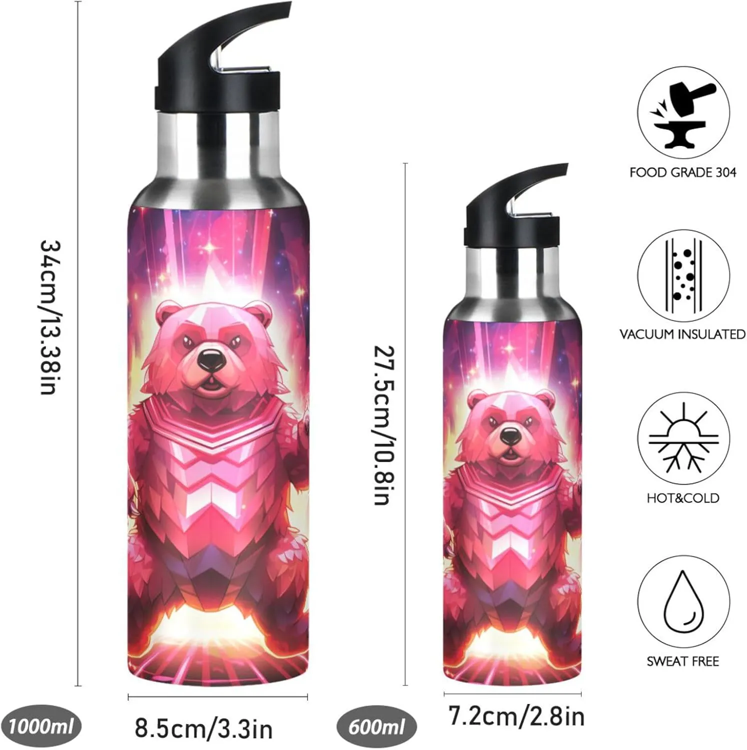 Fancy Red Light Bear Sport Water Bottle Insulated Stainless Steel Large Vacuum Flask Leak Proof Thermos with Straw for Travel(600ml/1000ml)