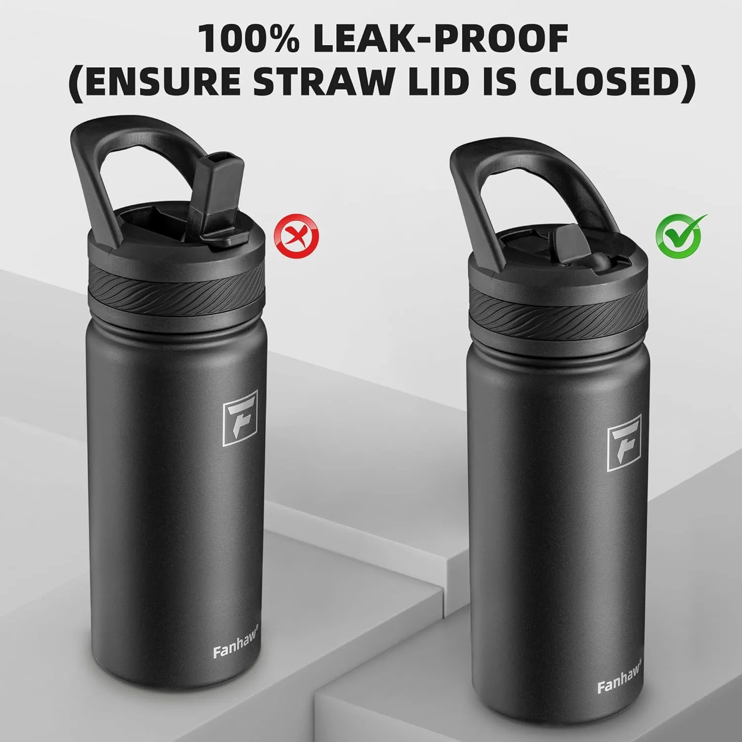 Fanhaw 18 Oz Kids Insulated Water Bottle with Straw Lid – Stainless Steel Double Wall Vacuum, Leak-Proof, BPA-Free Water Bottles for School Boys & Girls(Black)