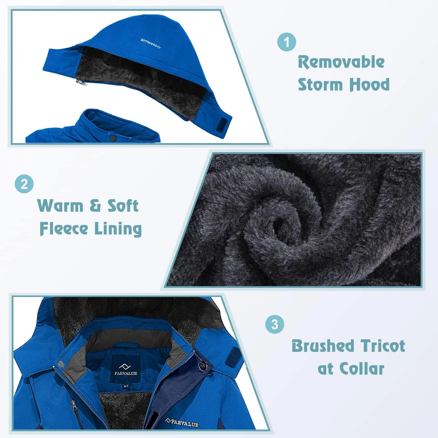 FARVALUE Boys Waterproof Ski Jacket Windproof Winter Coat Warm Snow Coat Outdoor Raincoats with Removable Hood
