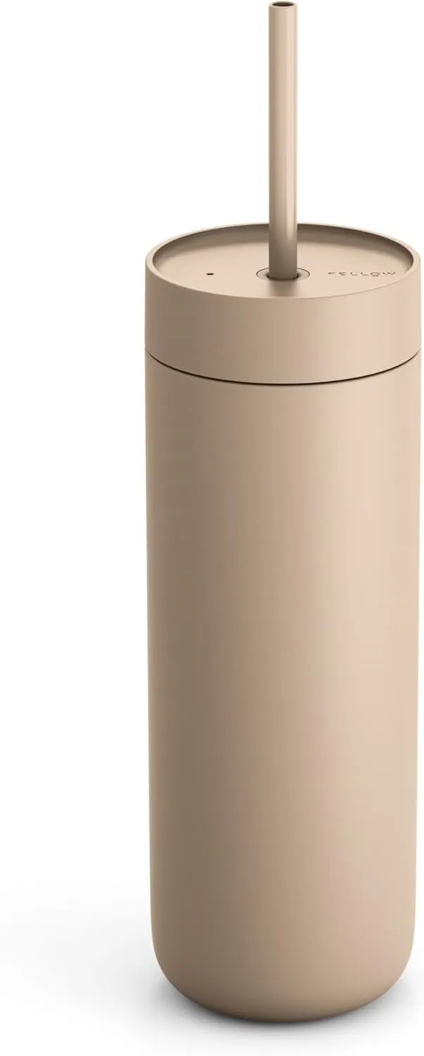 Fellow 20 oz Carter Cold Water Bottle for Water, Iced Tea, Coffee, Smoothies, Iced Coffee & more - Stainless Steel Vacuum-Insulated Iced Coffee tumbler with Spill Resistant lid and straw - Sand Dune