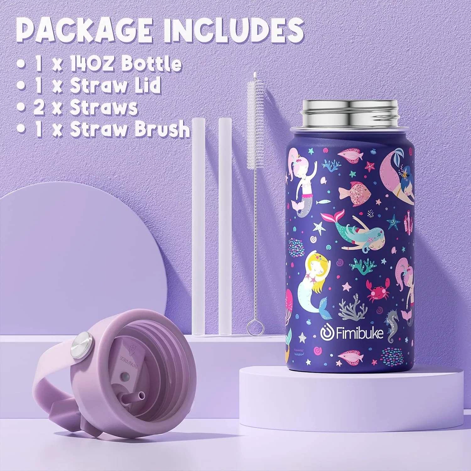 Fimibuke Kids Insulated Water Bottle, 14oz BPA FREE 18/8 Stainless Steel Travel Tumbler Double Wall Vacuum Leak Proof Kids Cup with Straw Metal Water Bottle for School Boys Girls(1 Pack, MERMAID)