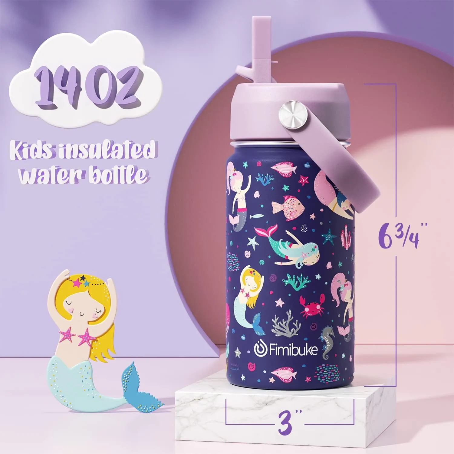 Fimibuke Kids Insulated Water Bottle, 14oz BPA FREE 18/8 Stainless Steel Travel Tumbler Double Wall Vacuum Leak Proof Kids Cup with Straw Metal Water Bottle for School Boys Girls(1 Pack, MERMAID)