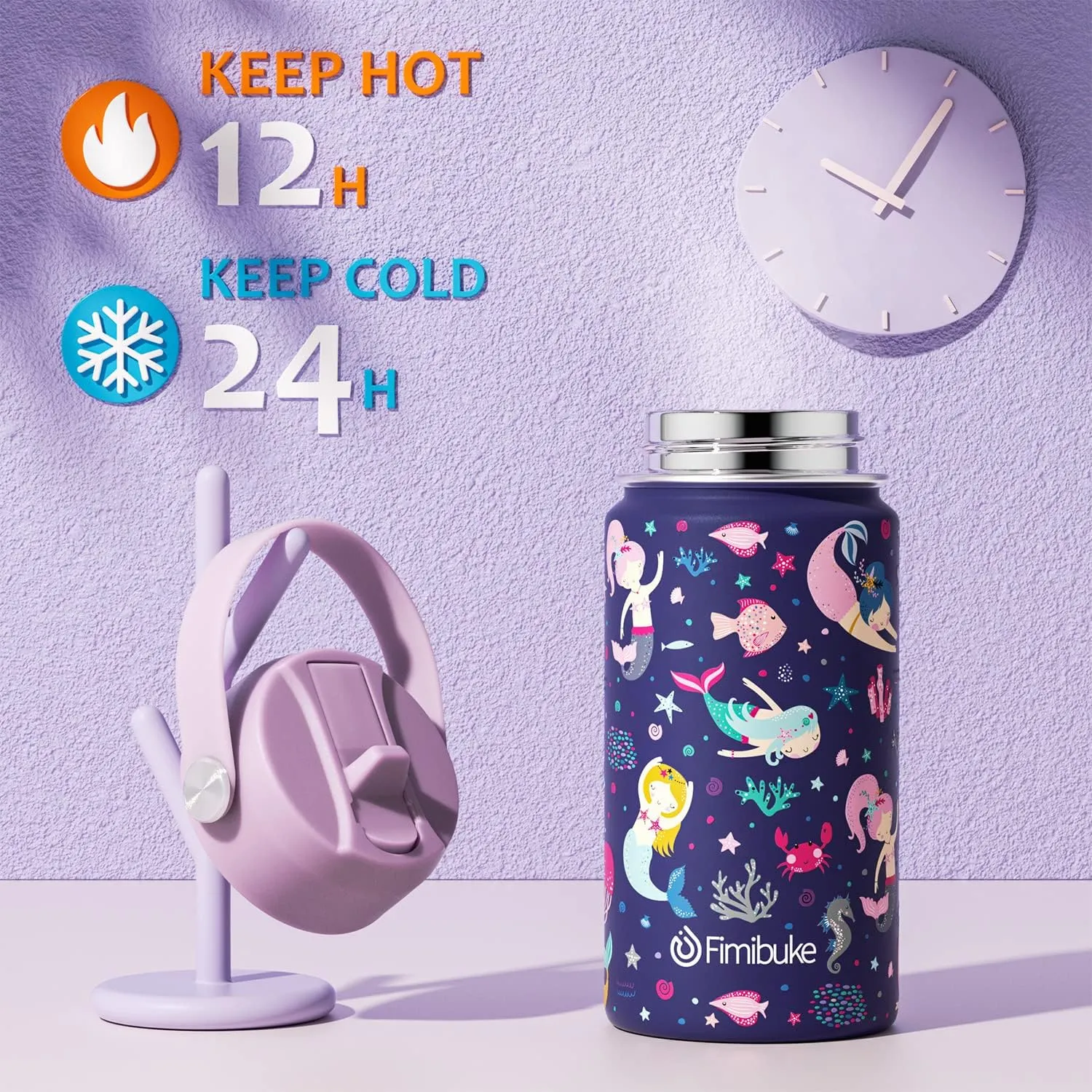 Fimibuke Kids Insulated Water Bottle, 14oz BPA FREE 18/8 Stainless Steel Travel Tumbler Double Wall Vacuum Leak Proof Kids Cup with Straw Metal Water Bottle for School Boys Girls(1 Pack, MERMAID)