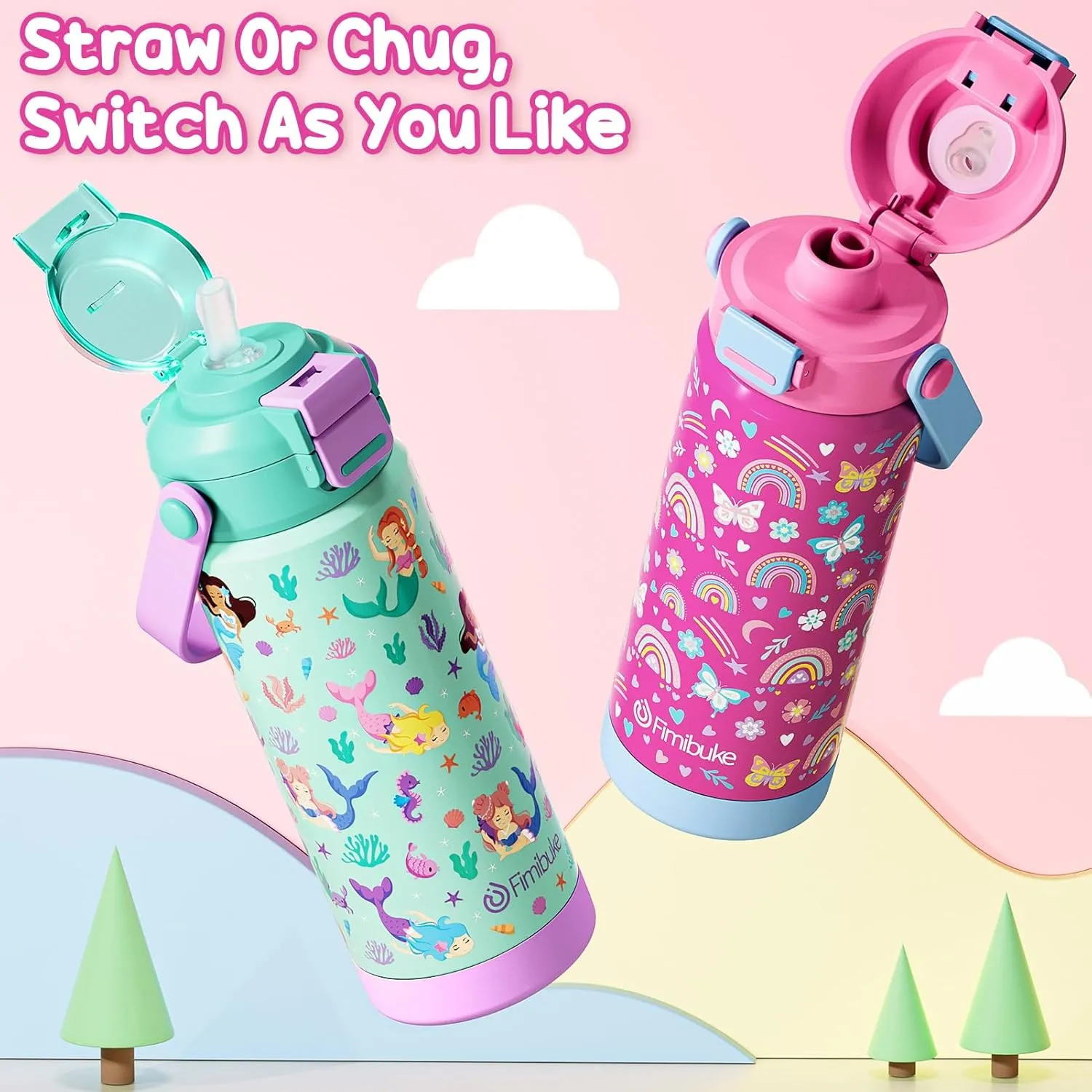 Fimibuke Kids Insulated Water Bottle with Pop-Open Straw & Spout 2-in-1 Lid, 18oz Leak Proof 18/8 Stainless Steel Vacuum Tumbler, BPA-Free Kids Cup For Travel School Boys Girls Toddler 1Pack, Sky Blue