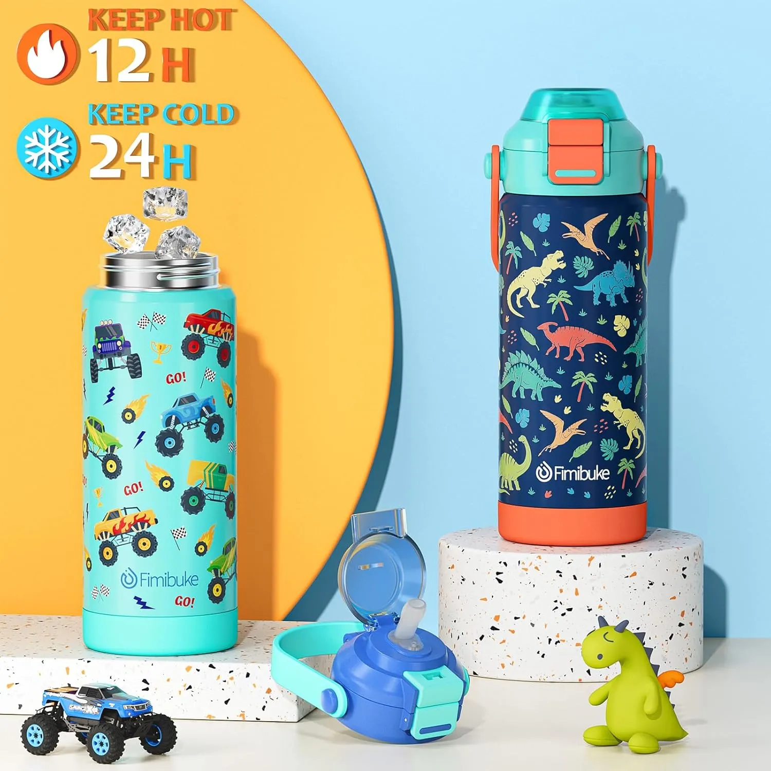 Fimibuke Kids Insulated Water Bottle with Pop-Open Straw & Spout 2-in-1 Lid, 18oz Leak Proof 18/8 Stainless Steel Vacuum Tumbler, BPA-Free Kids Cup For Travel School Boys Girls Toddler 1Pack, Sky Blue