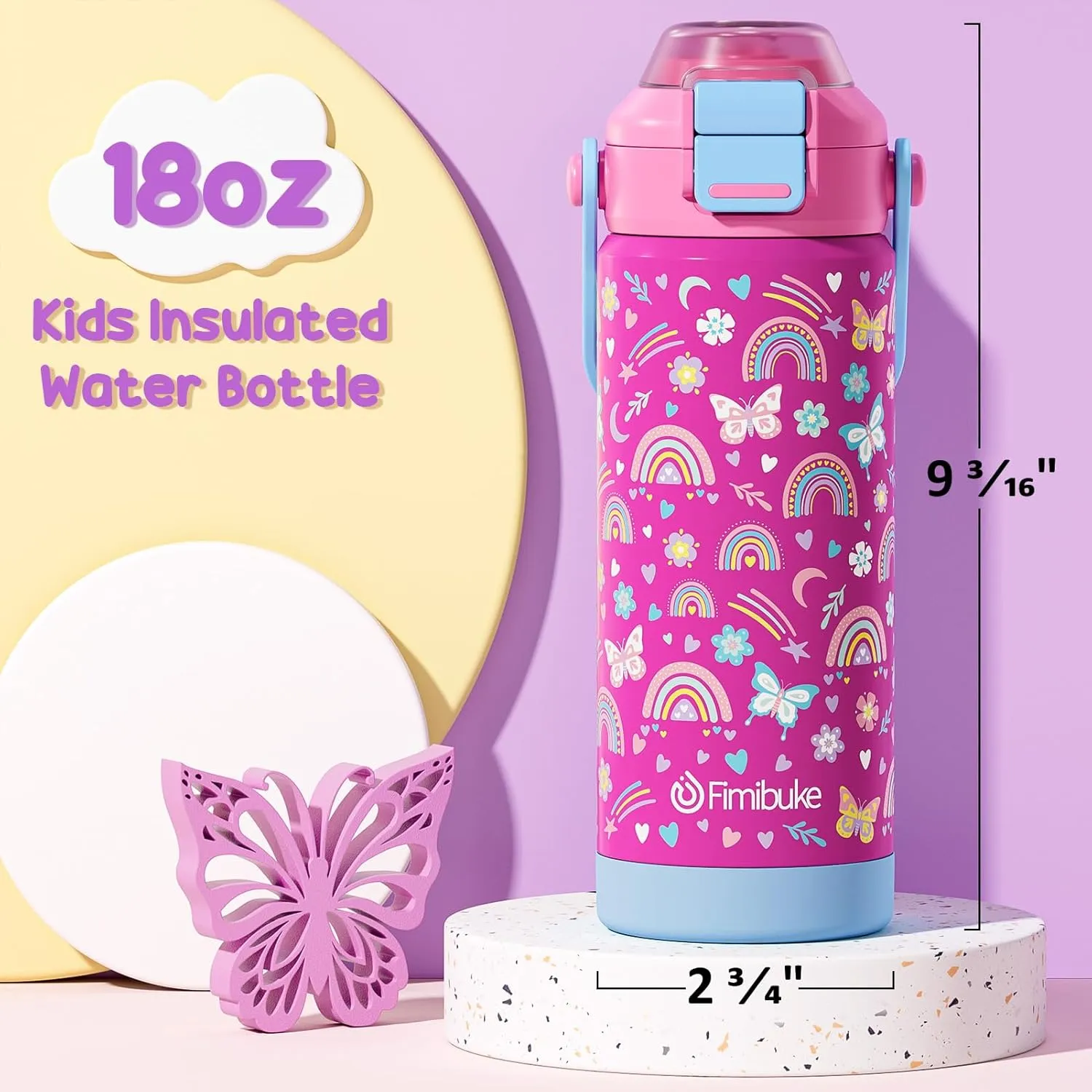Fimibuke Kids Insulated Water Bottle with Pop-Open Straw & Spout 2-in-1 Lid, 18oz Leak Proof 18/8 Stainless Steel Vacuum Tumbler, BPA-Free Kids Cup For Travel School Boys Girls Toddler 1Pack, Sky Blue