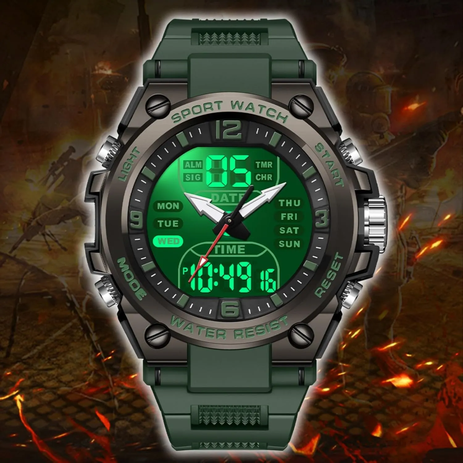 findtime Men's Watches Outdoor Sports Watch for Men with 5ATM Waterproof Countdown Digital Analog Three Time Day Date Week Display Rugged Wristwatch for Running