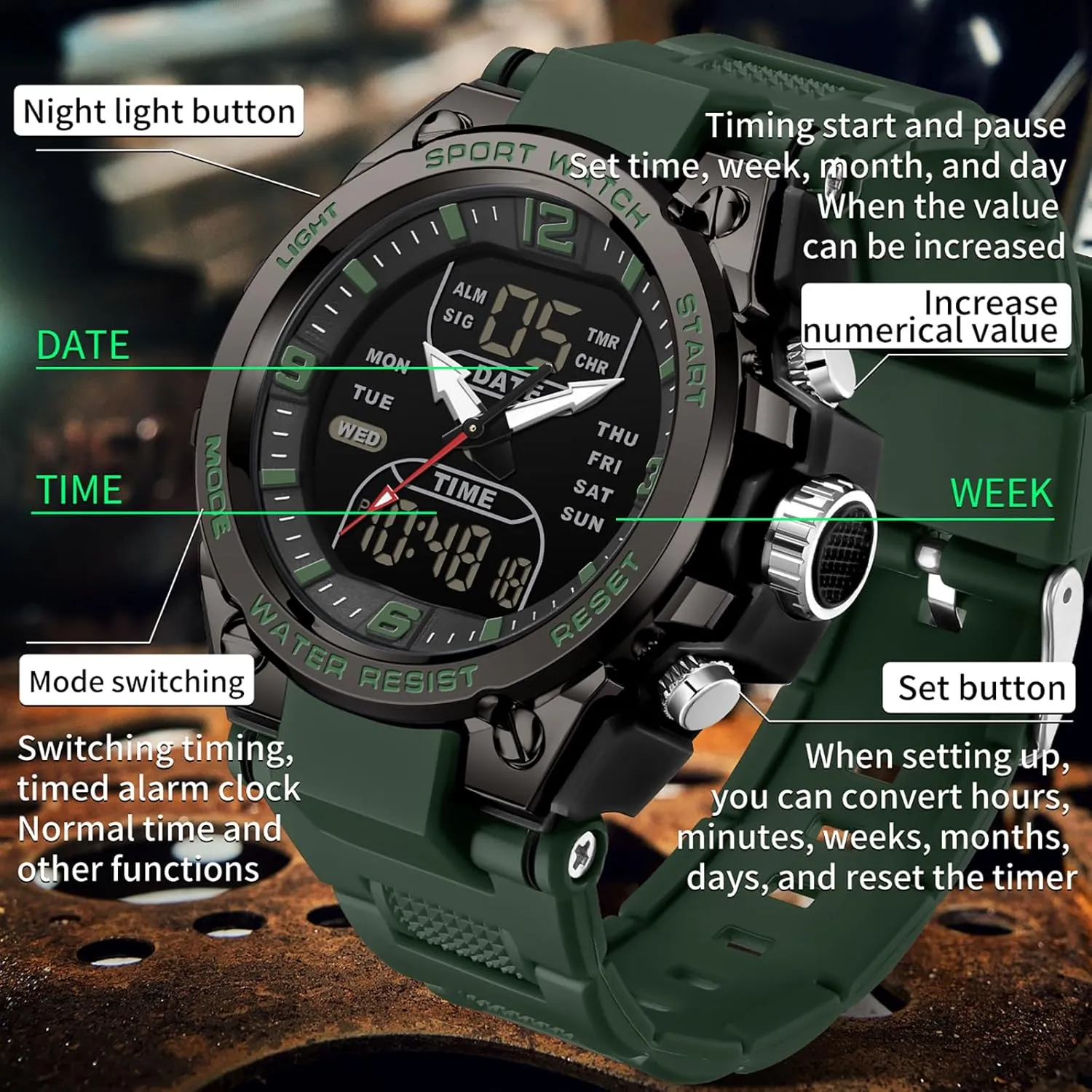 findtime Men's Watches Outdoor Sports Watch for Men with 5ATM Waterproof Countdown Digital Analog Three Time Day Date Week Display Rugged Wristwatch for Running