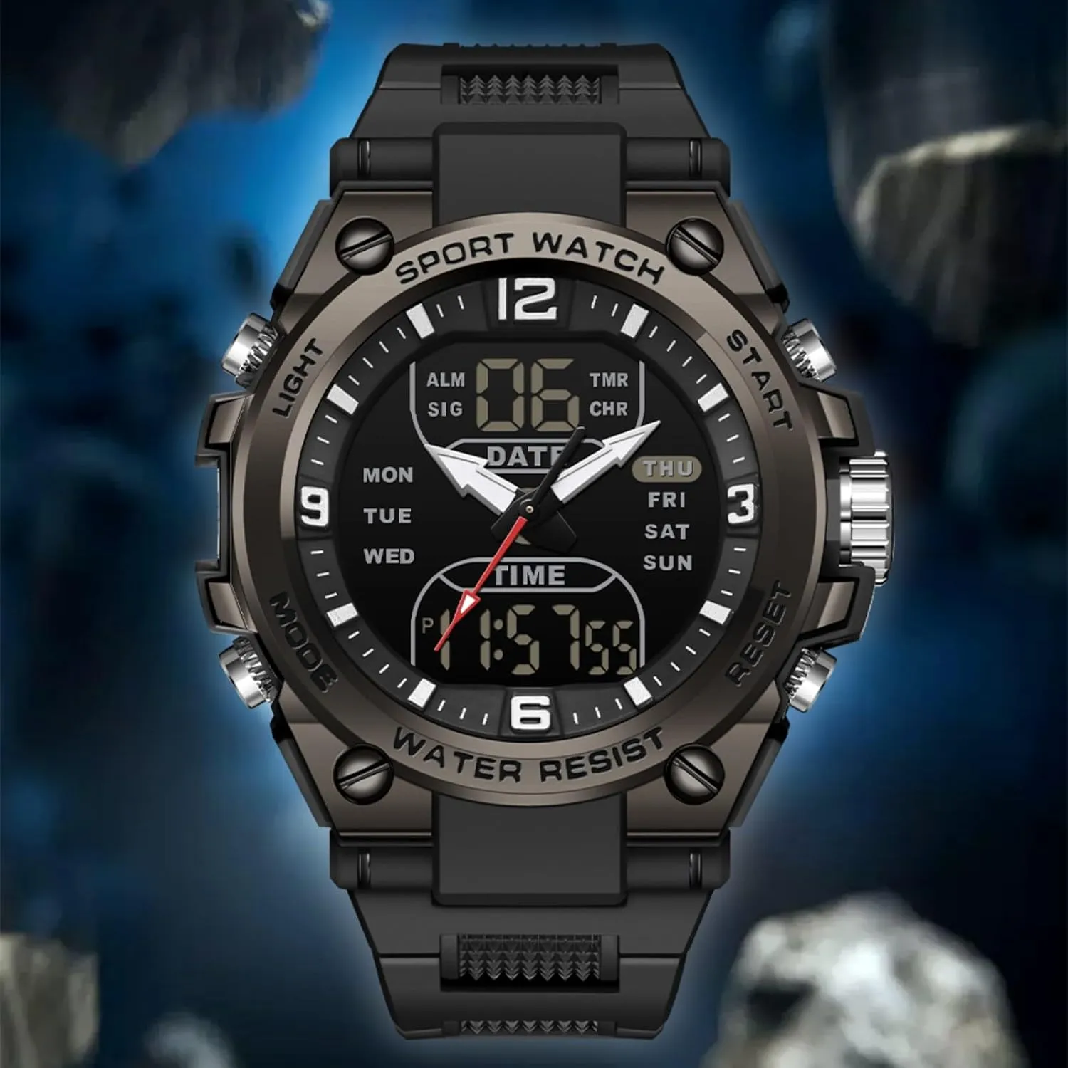 findtime Men's Watches Outdoor Sports Watch for Men with 5ATM Waterproof Countdown Digital Analog Three Time Day Date Week Display Rugged Wristwatch for Running