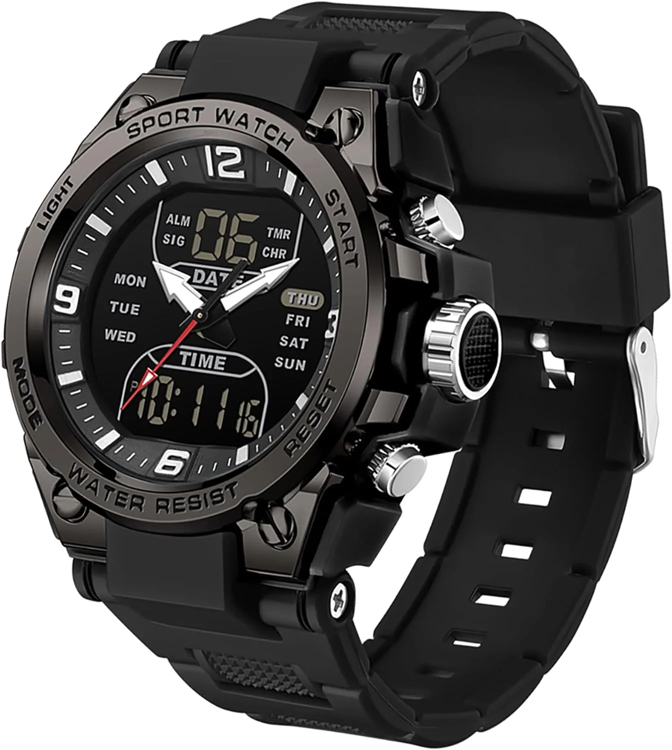 findtime Men's Watches Outdoor Sports Watch for Men with 5ATM Waterproof Countdown Digital Analog Three Time Day Date Week Display Rugged Wristwatch for Running