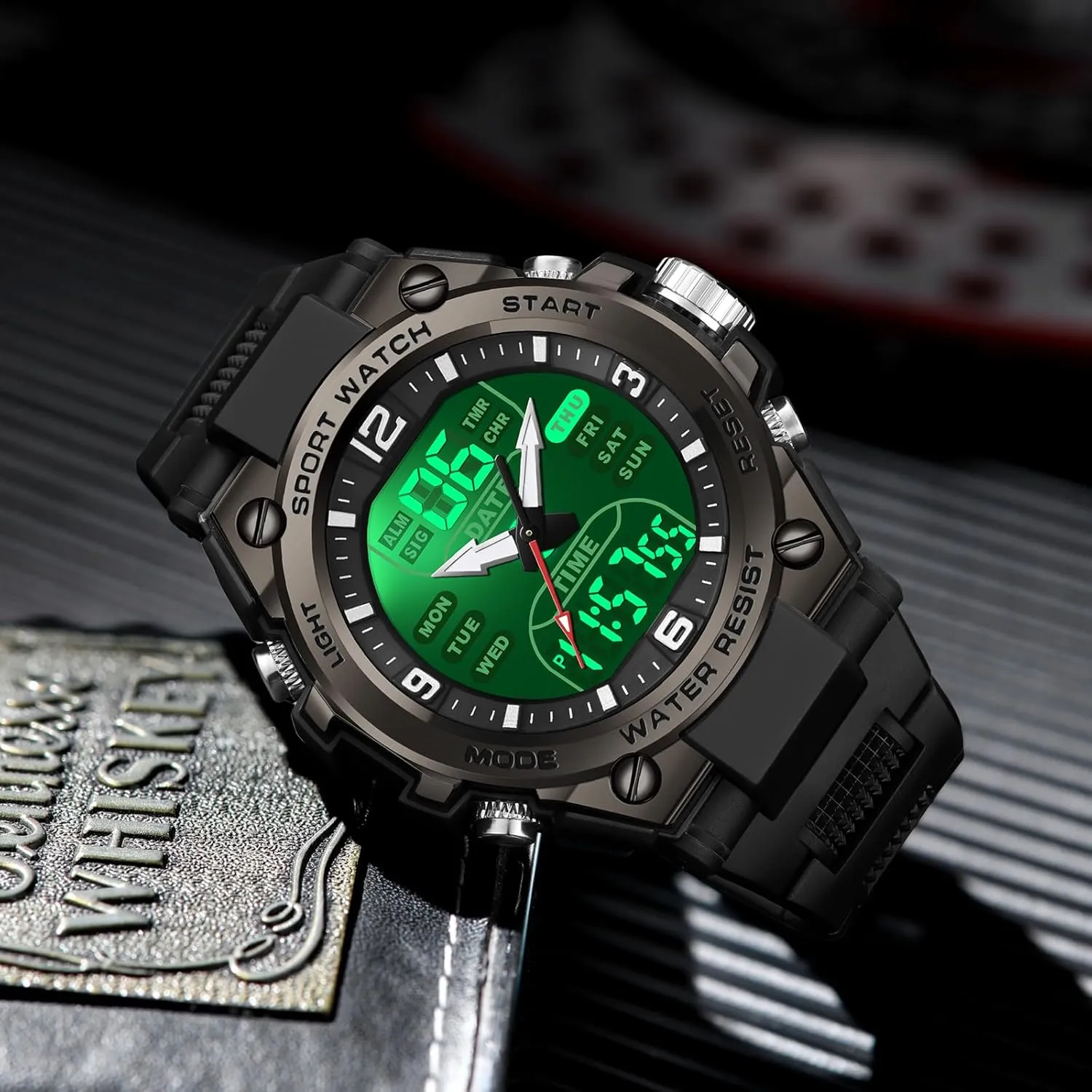 findtime Men's Watches Outdoor Sports Watch for Men with 5ATM Waterproof Countdown Digital Analog Three Time Day Date Week Display Rugged Wristwatch for Running
