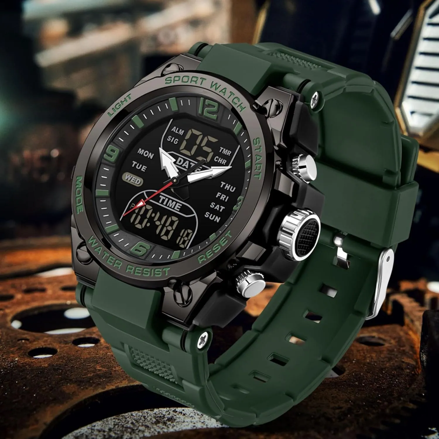 findtime Men's Watches Outdoor Sports Watch for Men with 5ATM Waterproof Countdown Digital Analog Three Time Day Date Week Display Rugged Wristwatch for Running