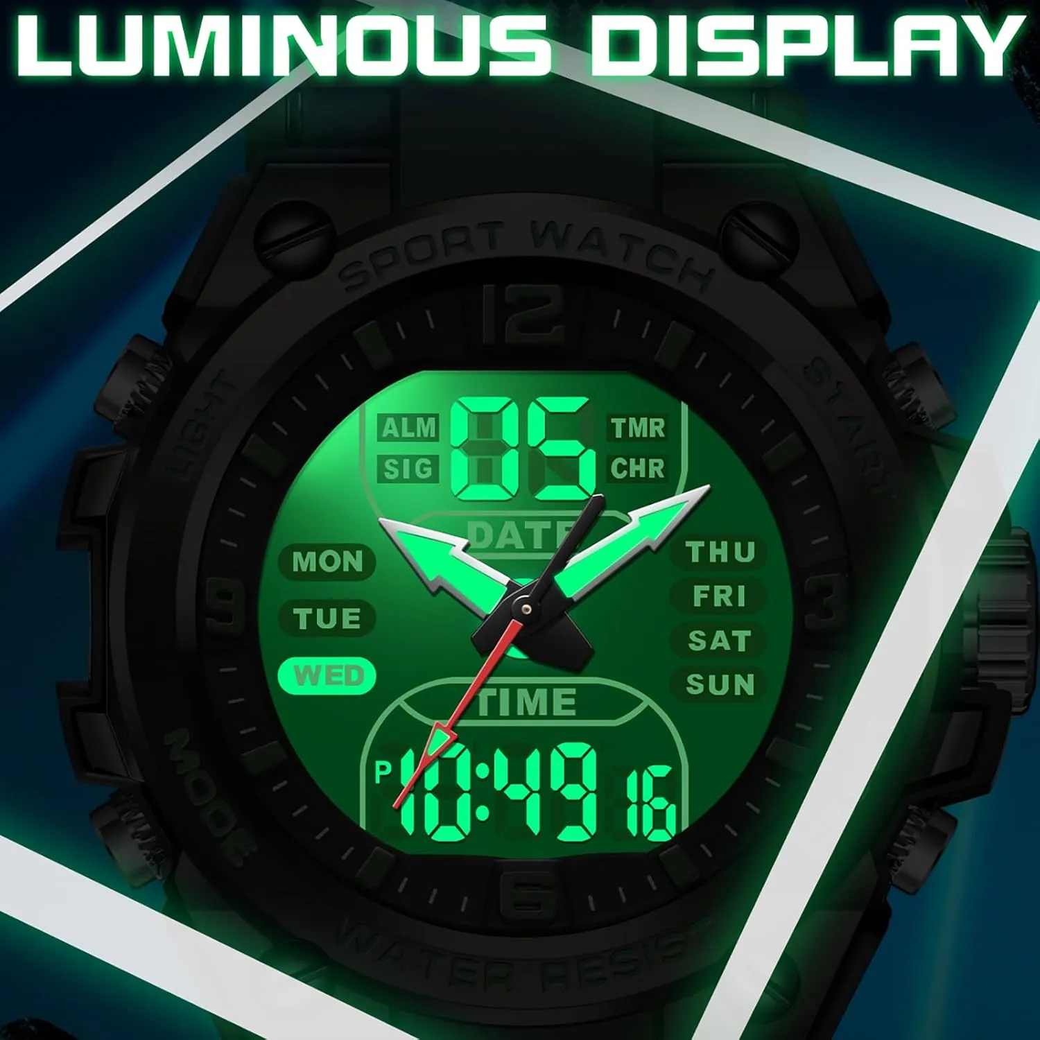 findtime Men's Watches Outdoor Sports Watch for Men with 5ATM Waterproof Countdown Digital Analog Three Time Day Date Week Display Rugged Wristwatch for Running