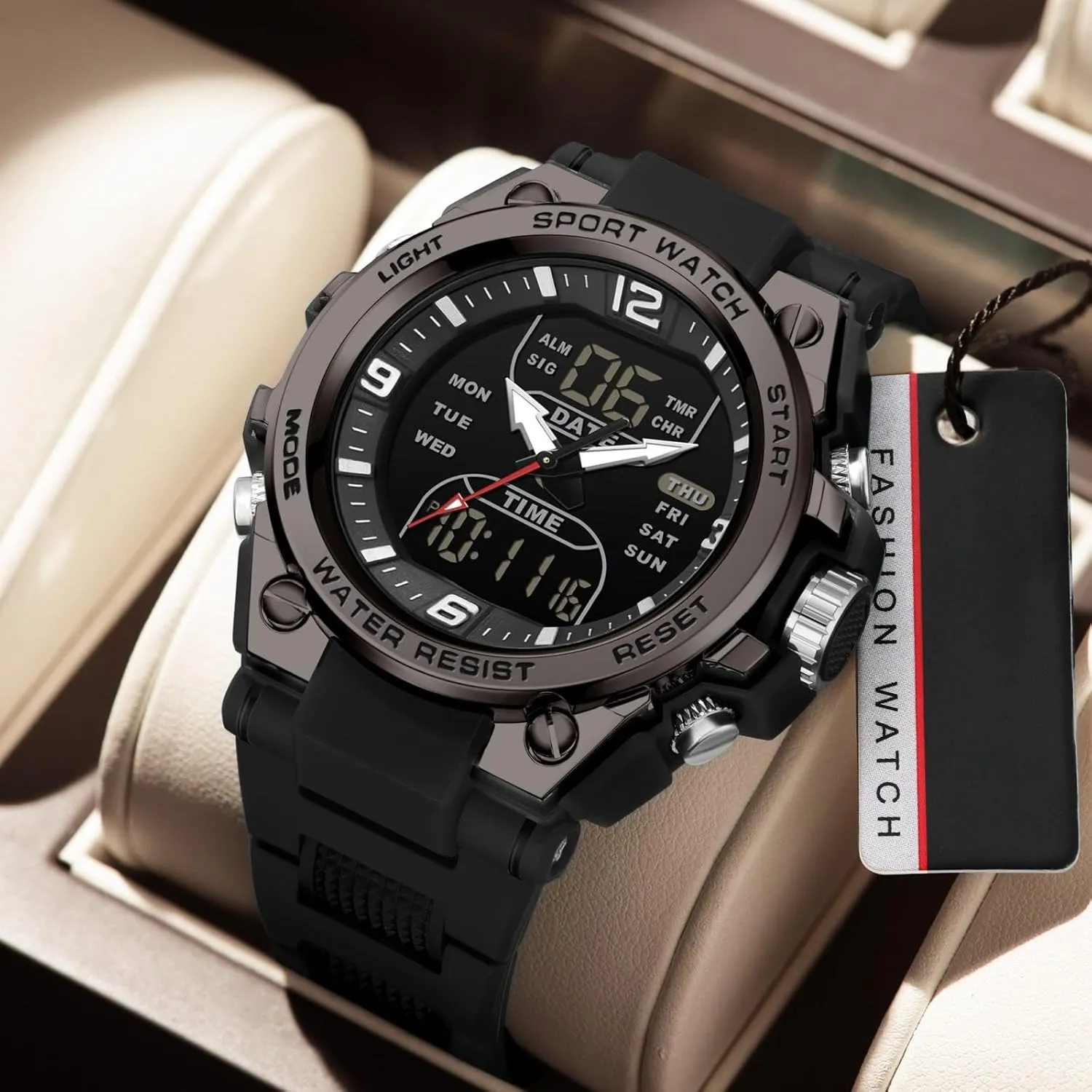 findtime Men's Watches Outdoor Sports Watch for Men with 5ATM Waterproof Countdown Digital Analog Three Time Day Date Week Display Rugged Wristwatch for Running