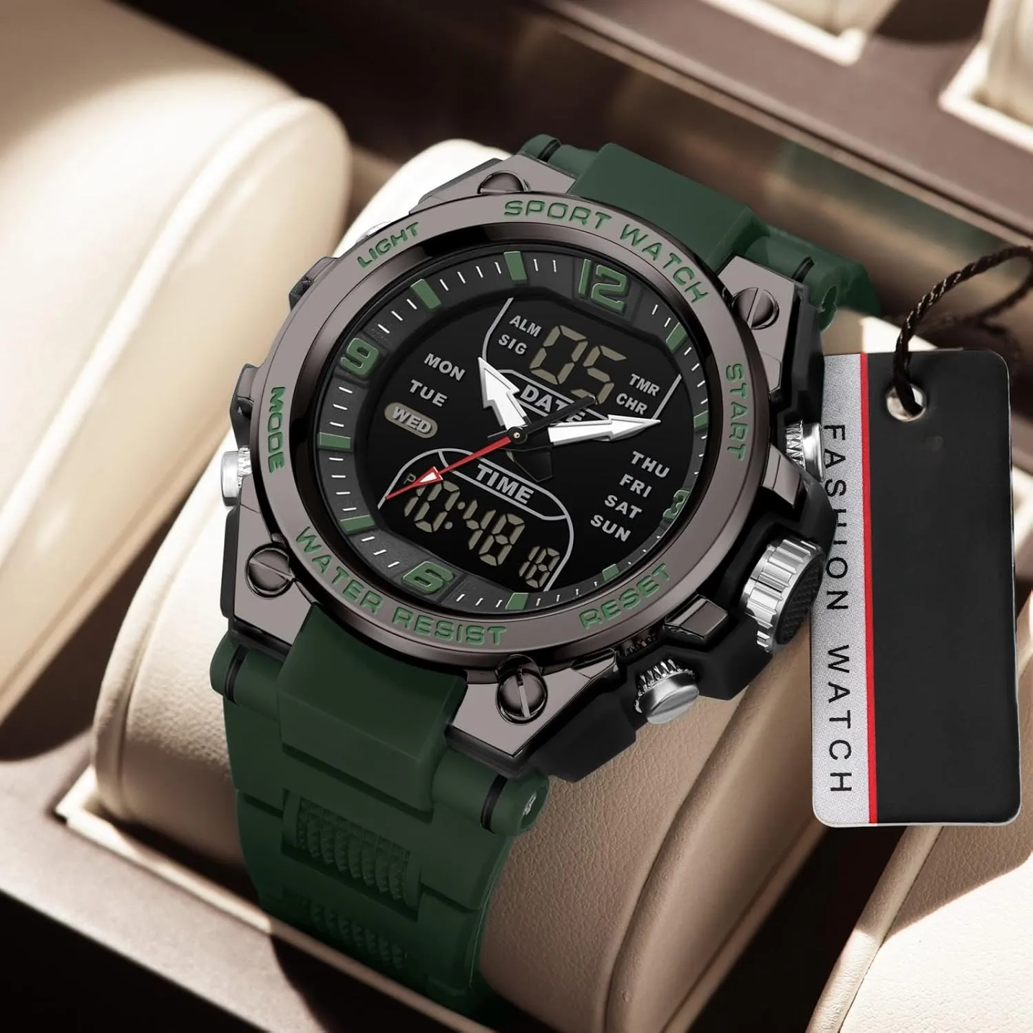 findtime Men's Watches Outdoor Sports Watch for Men with 5ATM Waterproof Countdown Digital Analog Three Time Day Date Week Display Rugged Wristwatch for Running