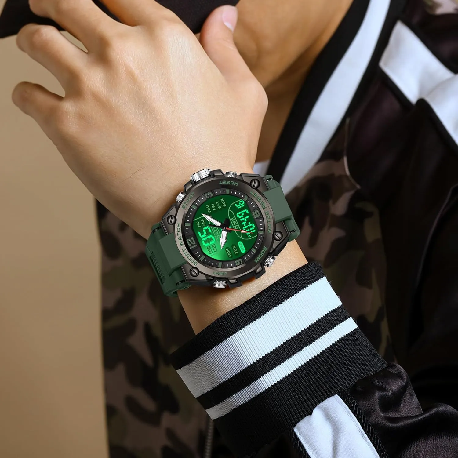 findtime Men's Watches Outdoor Sports Watch for Men with 5ATM Waterproof Countdown Digital Analog Three Time Day Date Week Display Rugged Wristwatch for Running