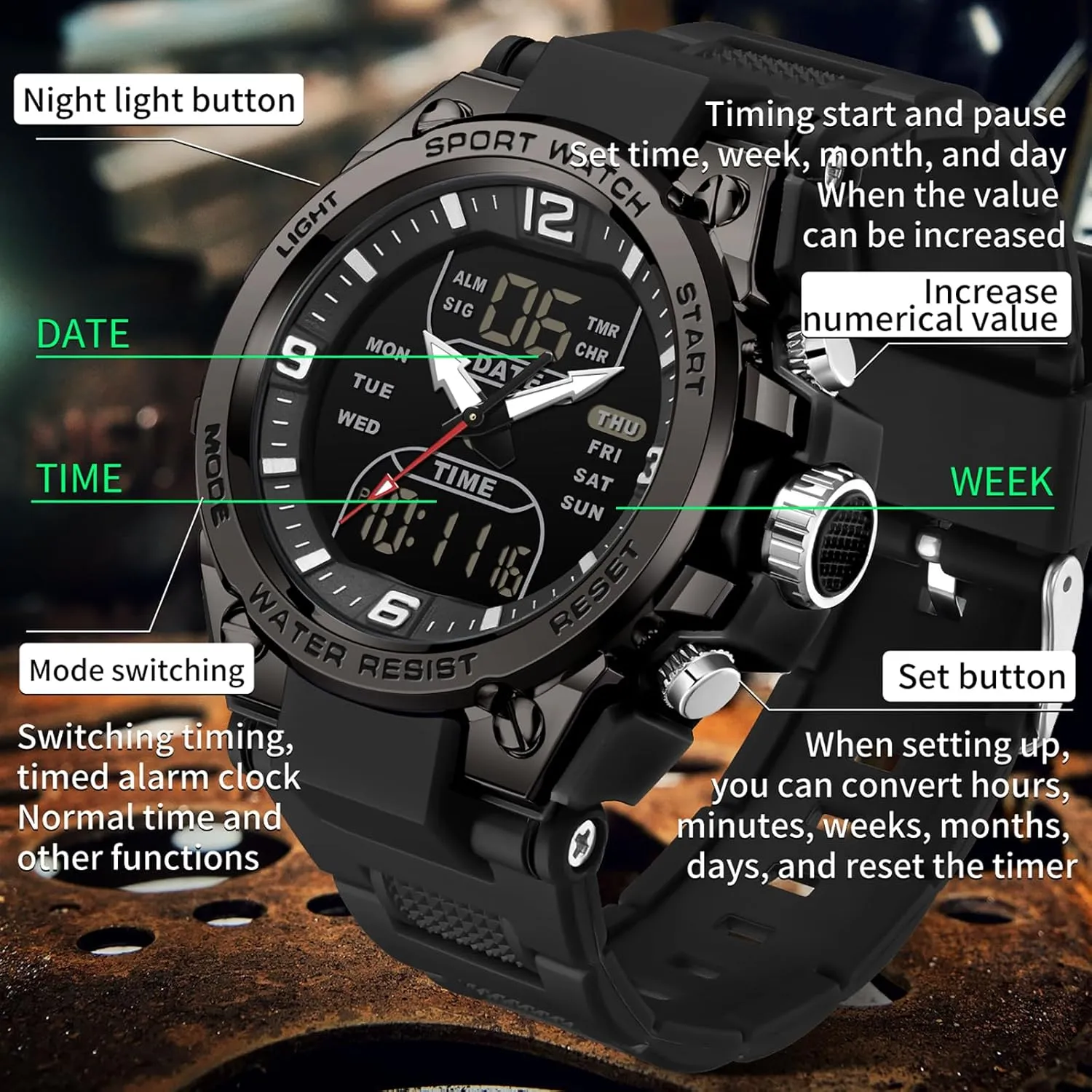 findtime Men's Watches Outdoor Sports Watch for Men with 5ATM Waterproof Countdown Digital Analog Three Time Day Date Week Display Rugged Wristwatch for Running