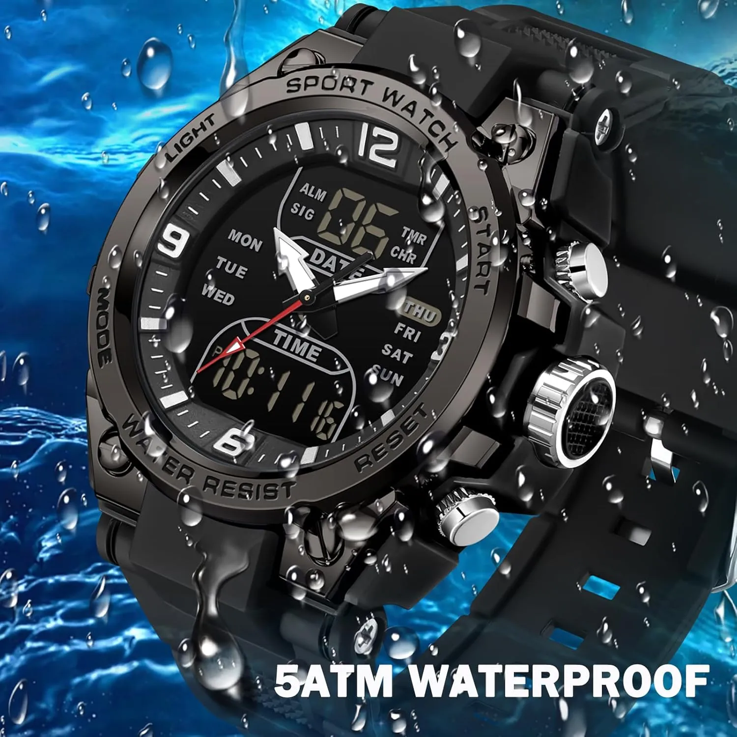 findtime Men's Watches Outdoor Sports Watch for Men with 5ATM Waterproof Countdown Digital Analog Three Time Day Date Week Display Rugged Wristwatch for Running