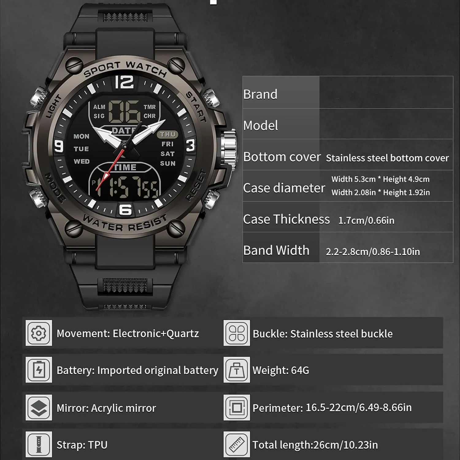 findtime Men's Watches Outdoor Sports Watch for Men with 5ATM Waterproof Countdown Digital Analog Three Time Day Date Week Display Rugged Wristwatch for Running