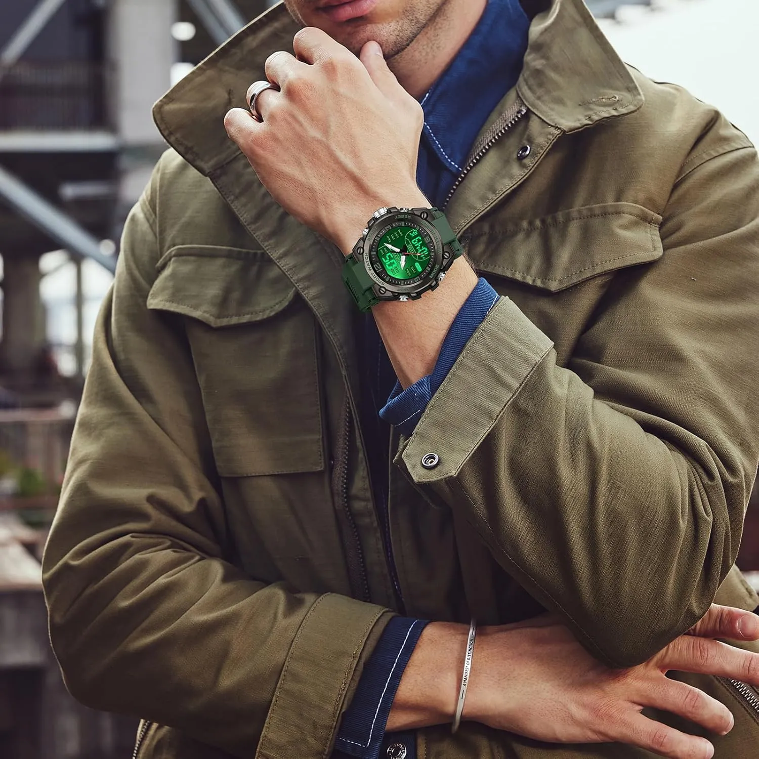 findtime Men's Watches Outdoor Sports Watch for Men with 5ATM Waterproof Countdown Digital Analog Three Time Day Date Week Display Rugged Wristwatch for Running