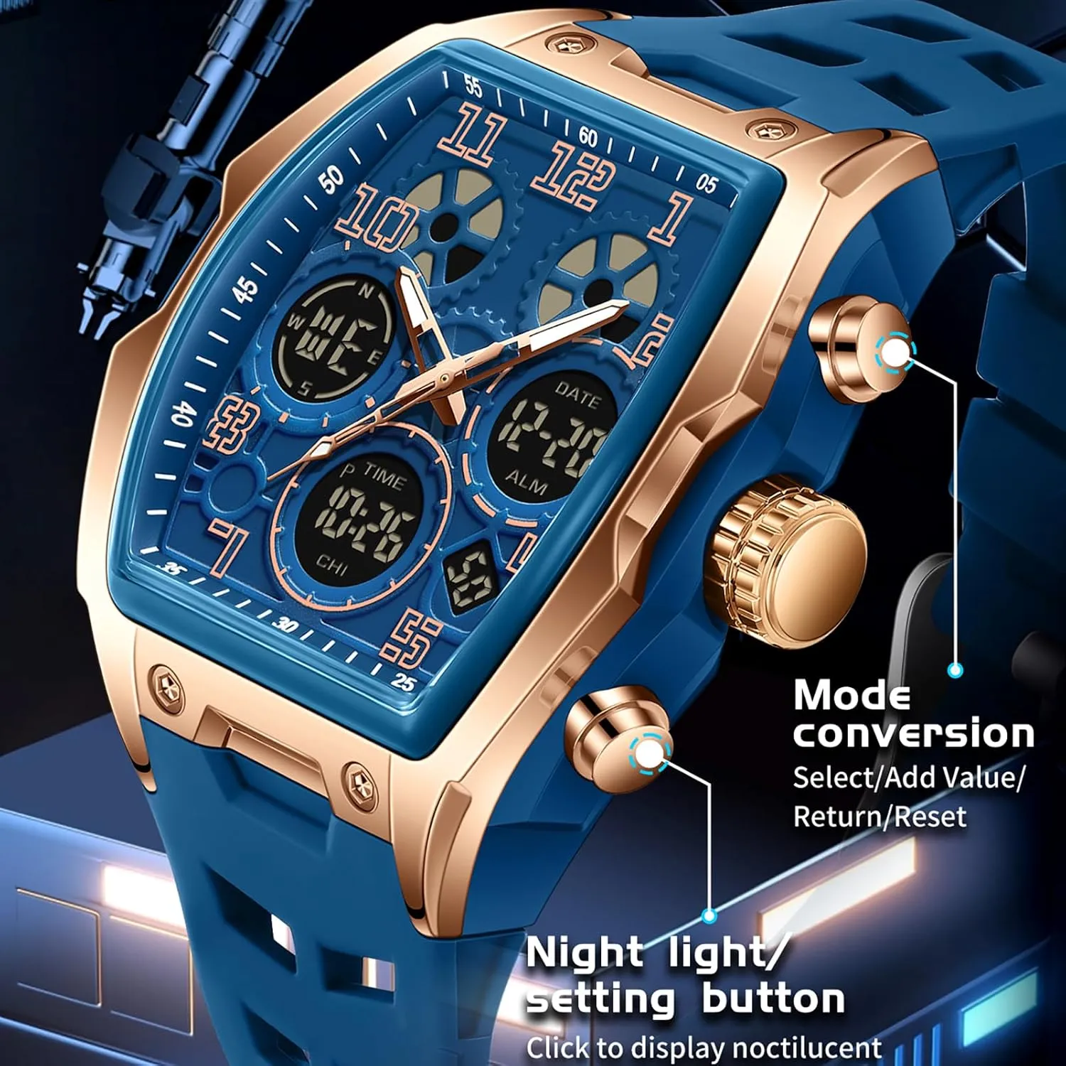 findtime Mens Watches Square Rectangle Dial Watch for Men Waterproof White Relojes para Hombres Punk Cool Design Chronograph Luminous Silicon Strap