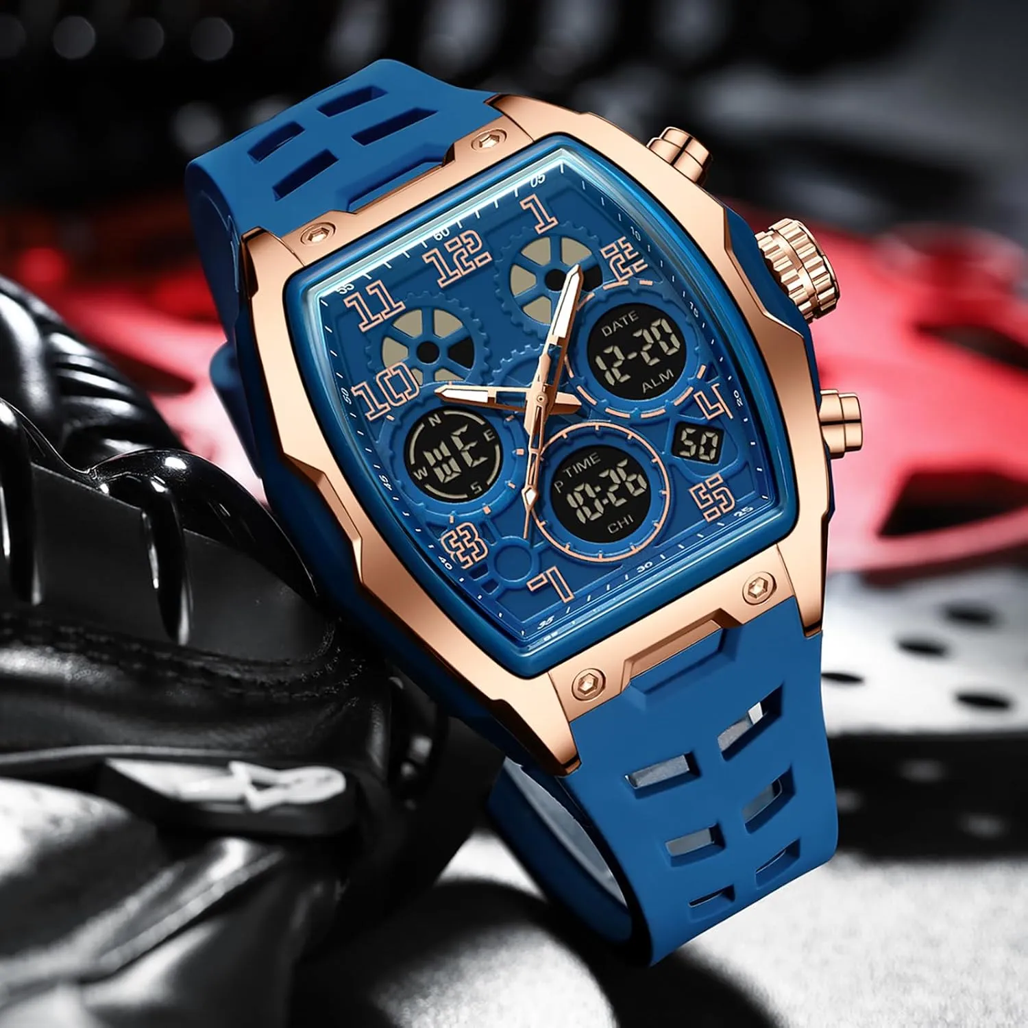findtime Mens Watches Square Rectangle Dial Watch for Men Waterproof White Relojes para Hombres Punk Cool Design Chronograph Luminous Silicon Strap