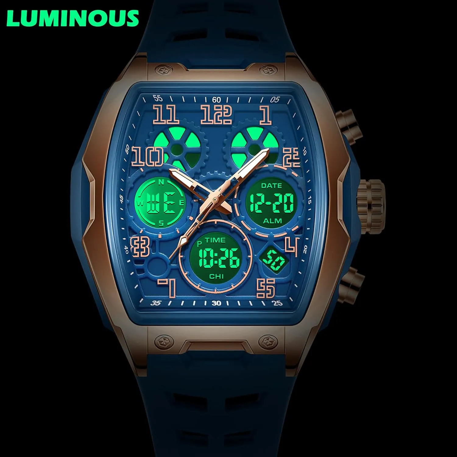 findtime Mens Watches Square Rectangle Dial Watch for Men Waterproof White Relojes para Hombres Punk Cool Design Chronograph Luminous Silicon Strap