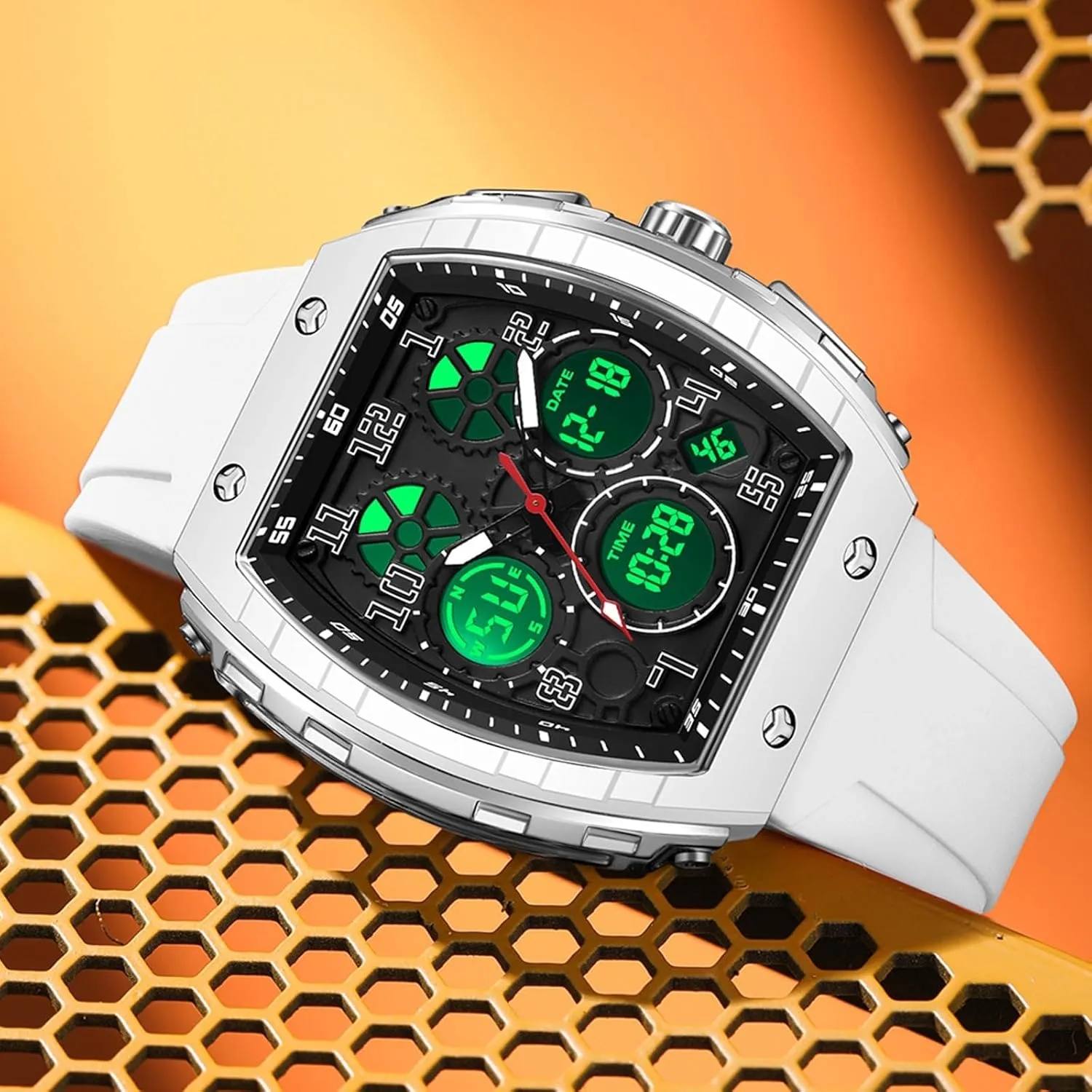 findtime Watches for Men Unique Rectangle Relojes para Hombres White Wristwatch with Digital Analog Dual Time Display Countdown Stopwatch Punk Cool Design 5ATM Waterproof
