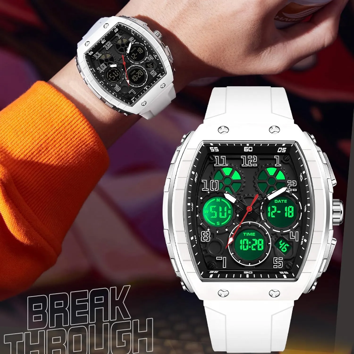 findtime Watches for Men Unique Rectangle Relojes para Hombres White Wristwatch with Digital Analog Dual Time Display Countdown Stopwatch Punk Cool Design 5ATM Waterproof