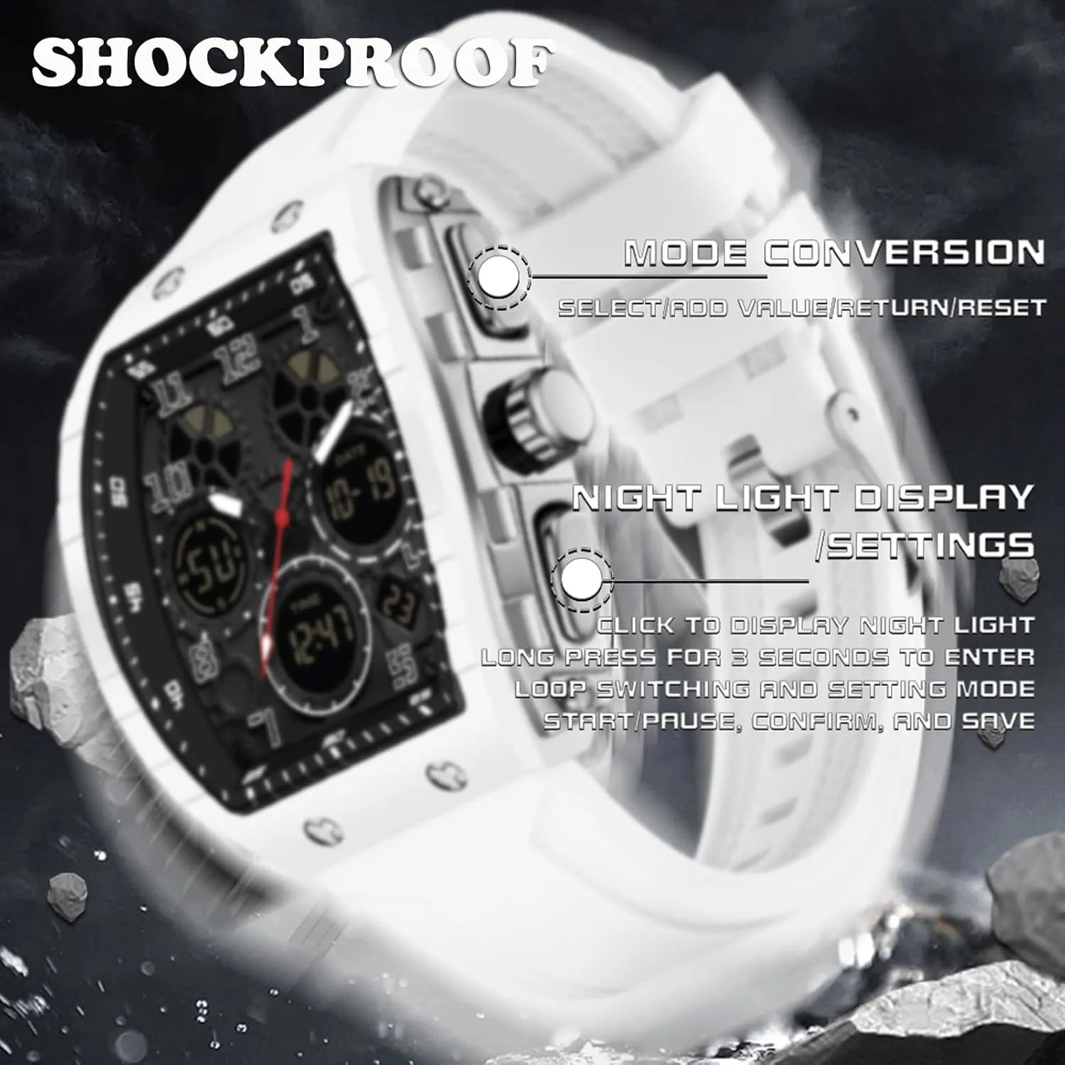 findtime Watches for Men Unique Rectangle Relojes para Hombres White Wristwatch with Digital Analog Dual Time Display Countdown Stopwatch Punk Cool Design 5ATM Waterproof