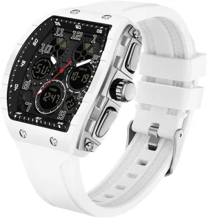 findtime Watches for Men Unique Rectangle Relojes para Hombres White Wristwatch with Digital Analog Dual Time Display Countdown Stopwatch Punk Cool Design 5ATM Waterproof